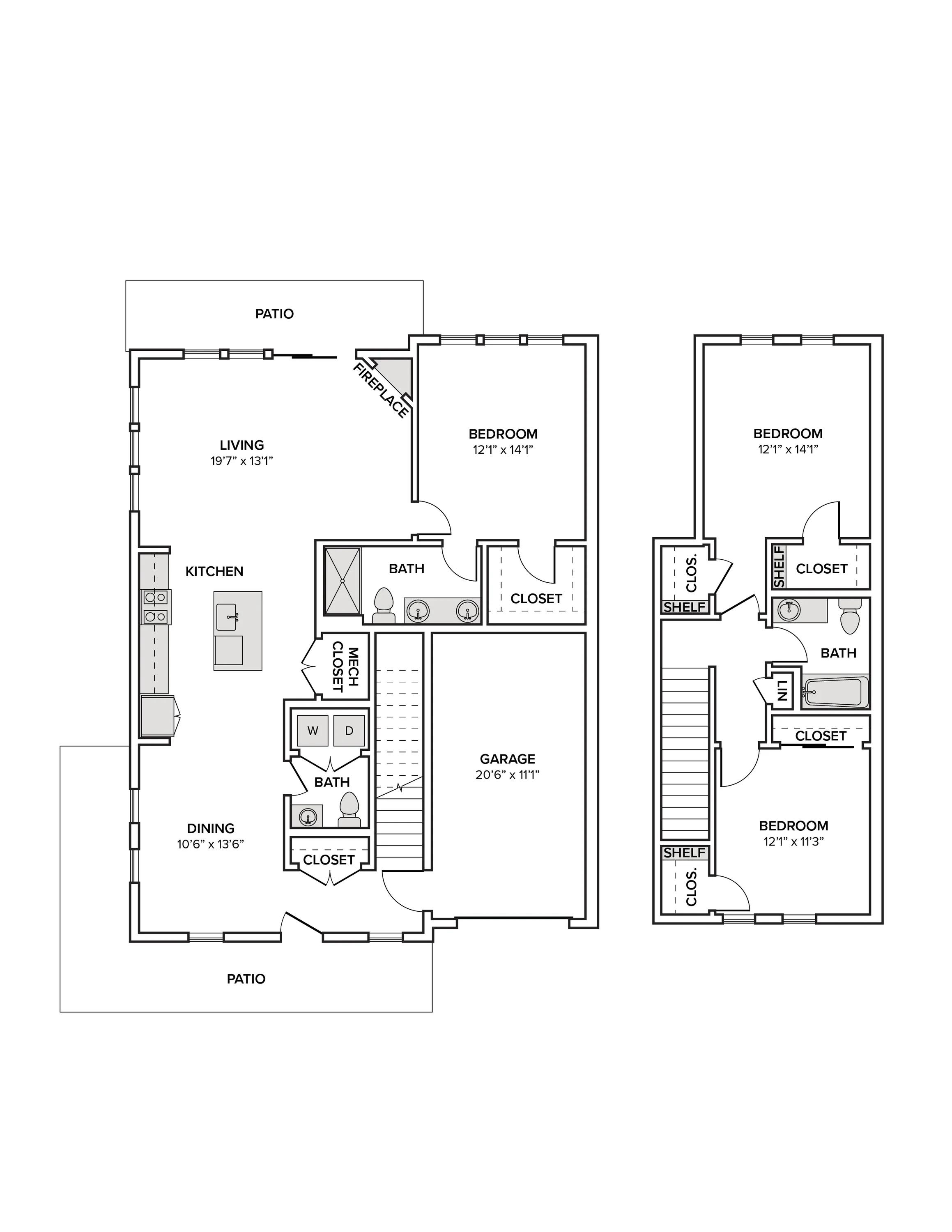 1701 square foot three bed three bath townhome floor plan image