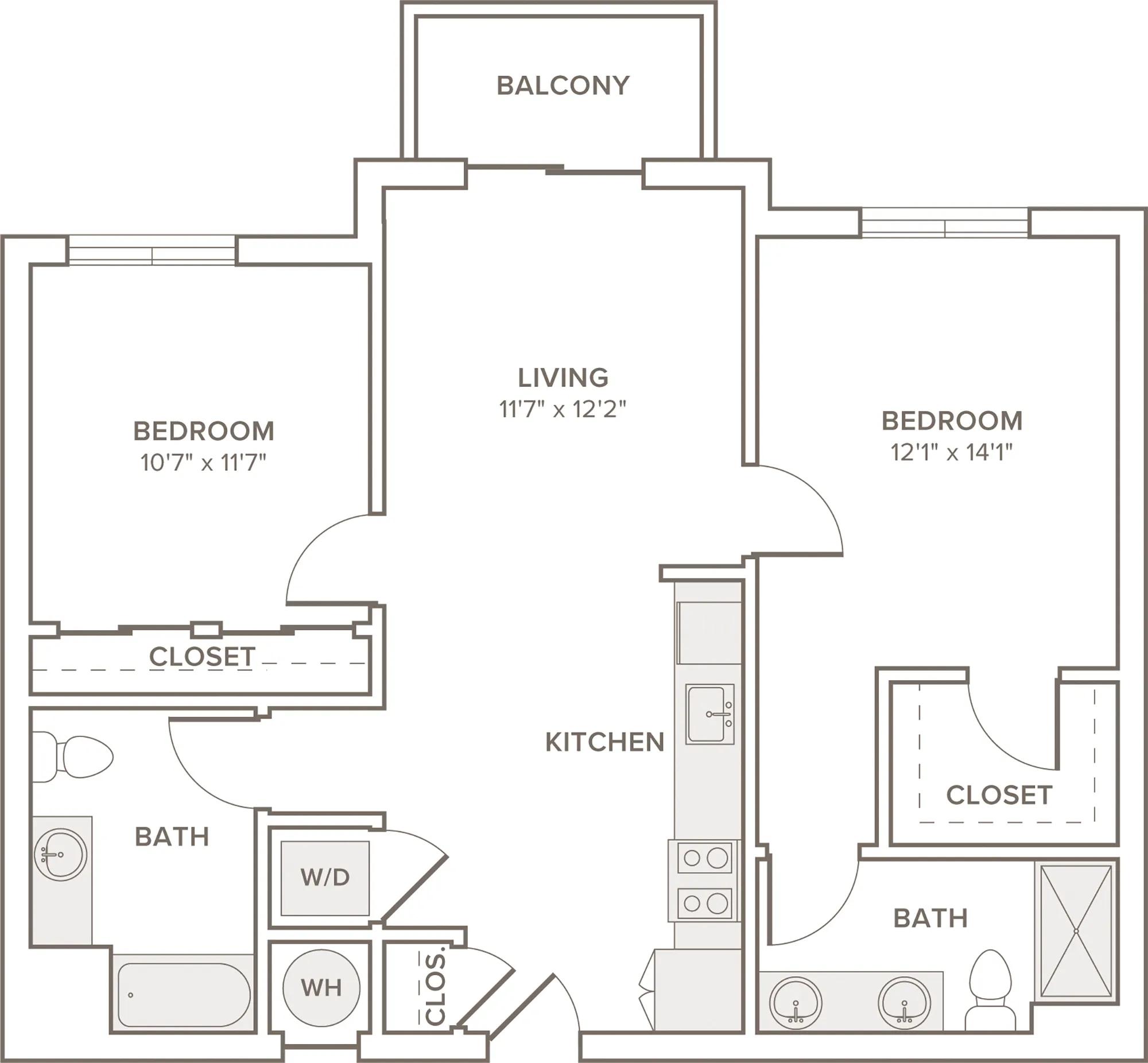 955-993 square foot two bedroom two bath apartment floorplan image