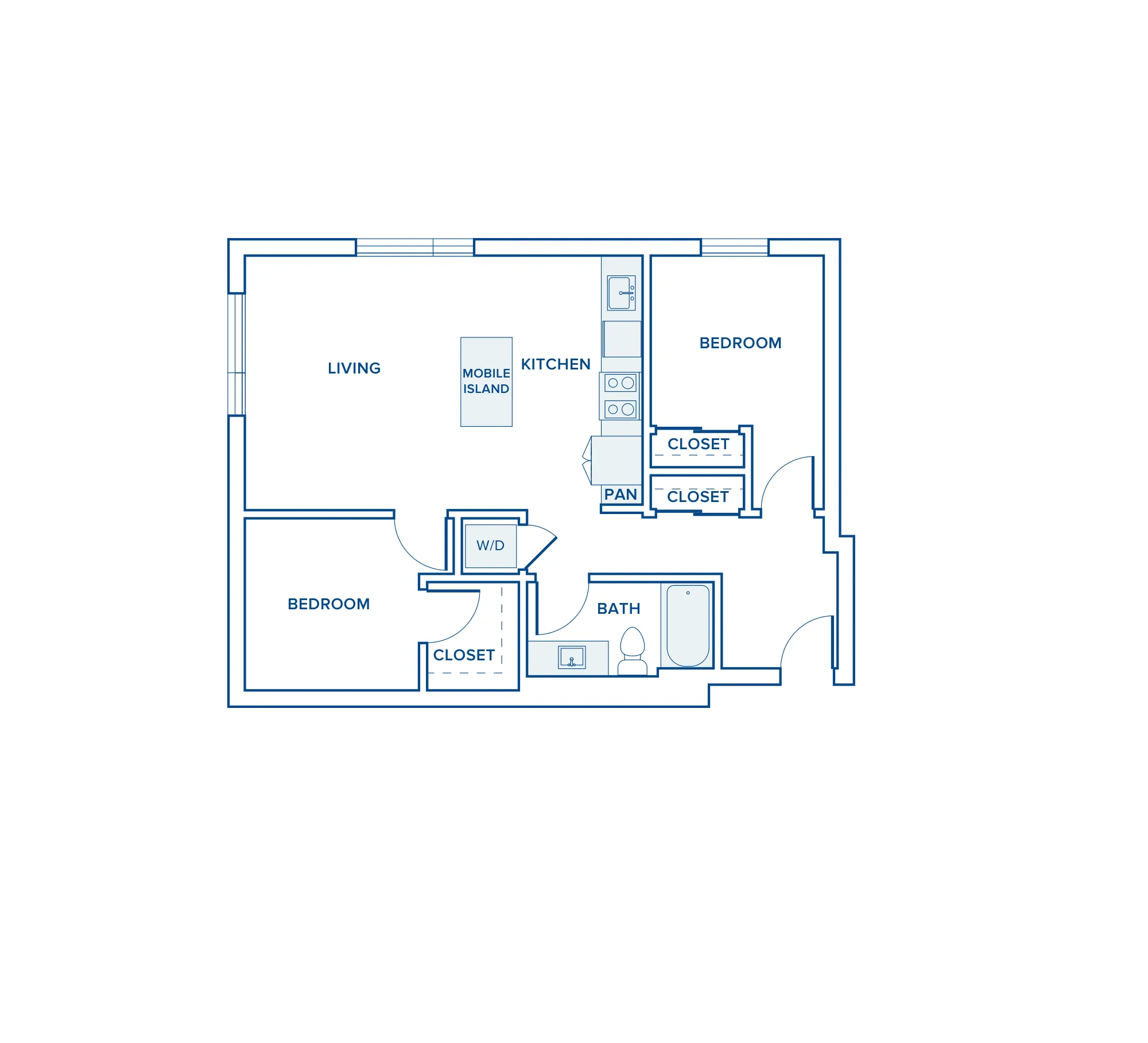 967 square foot two bed two bath apartment floor plan in Shoreline, WA