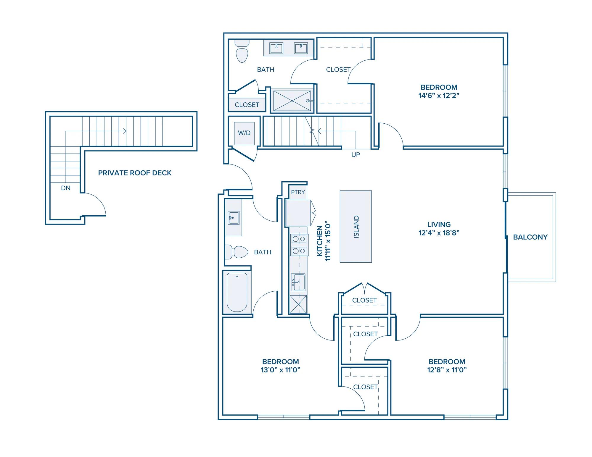 1422 square foot three bed two bath apartment floor plan in Scottsdale, AZ