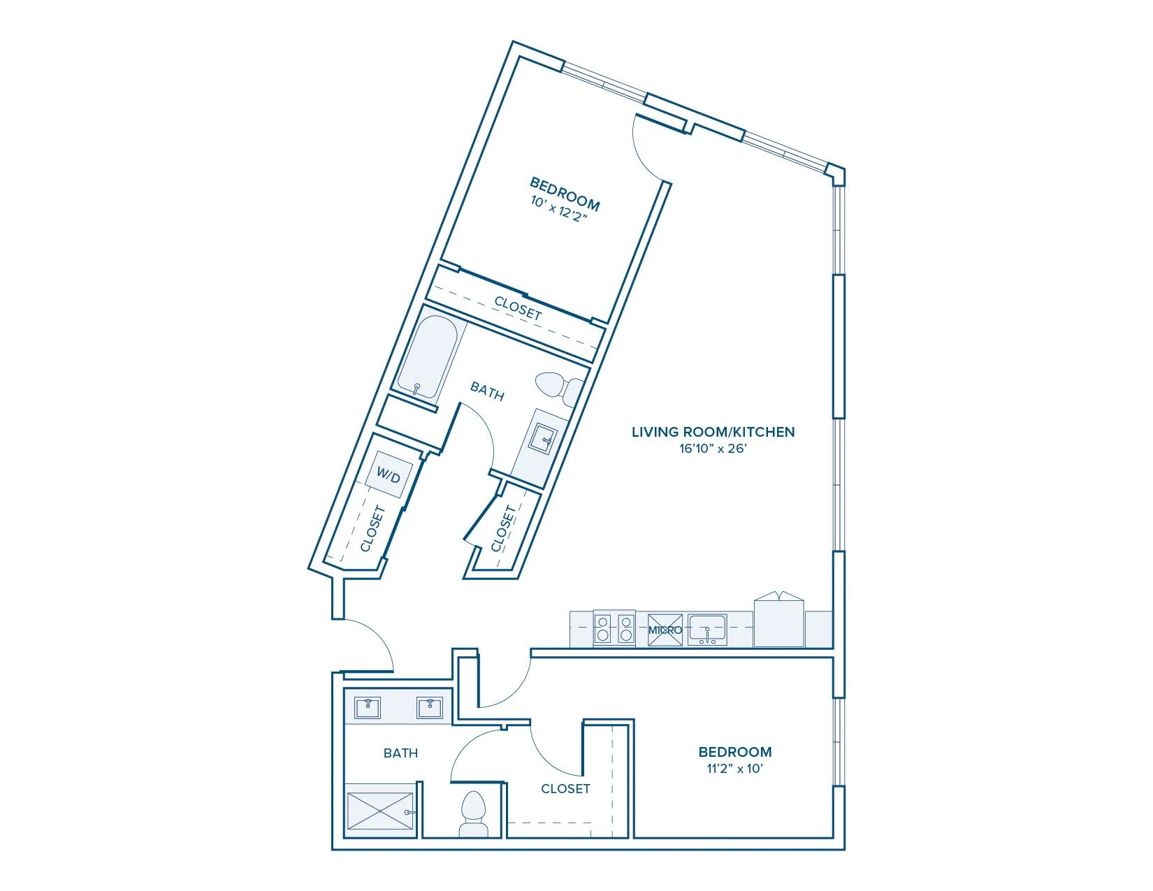 1084 square foot two bed two bath floor plan in Beaverton, OR