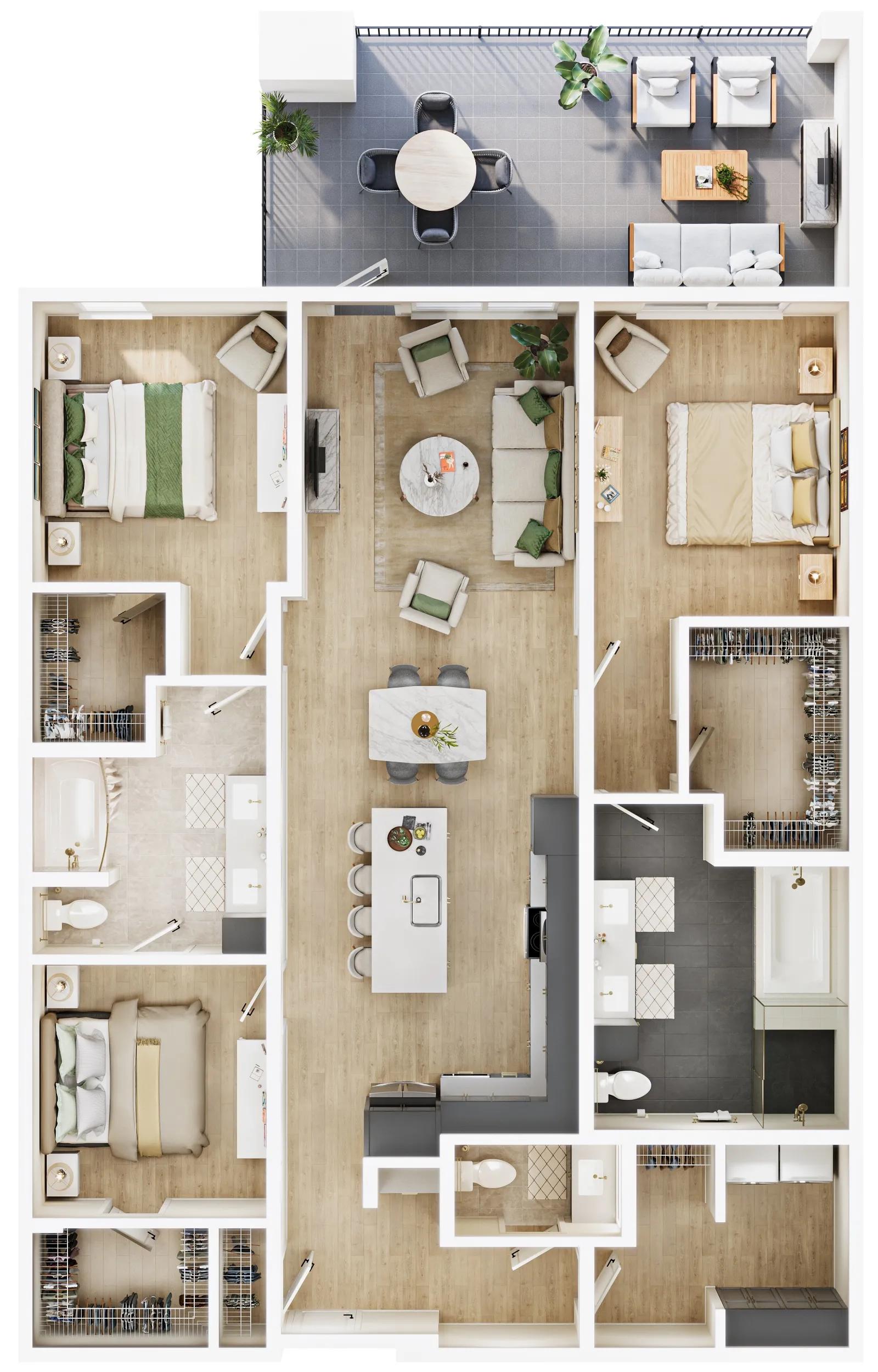 1662 square foot three bed two and a half bath floor plan image