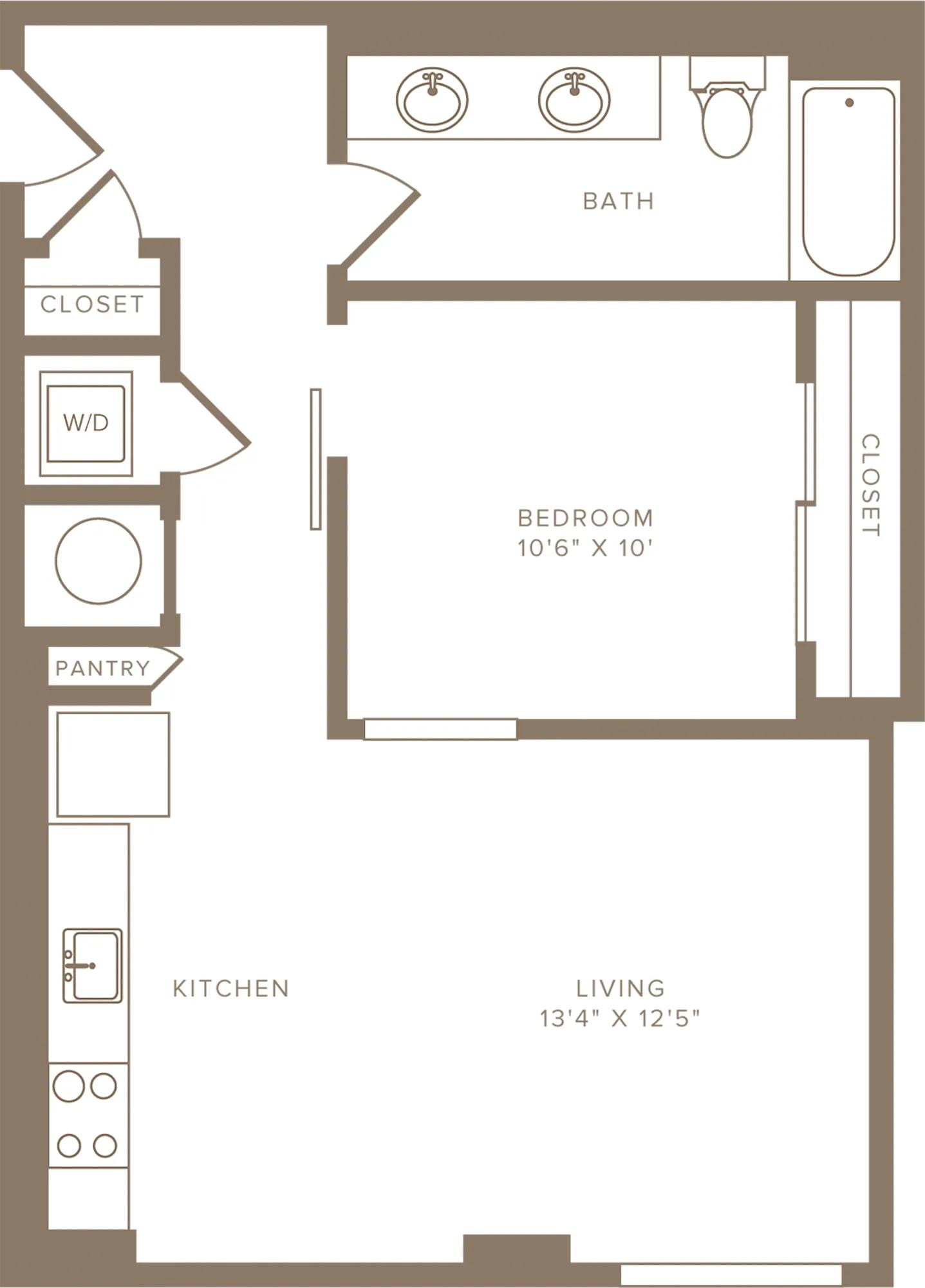643 to 666 square foot one bedroom one bath with dual sinks apartment floorplan image