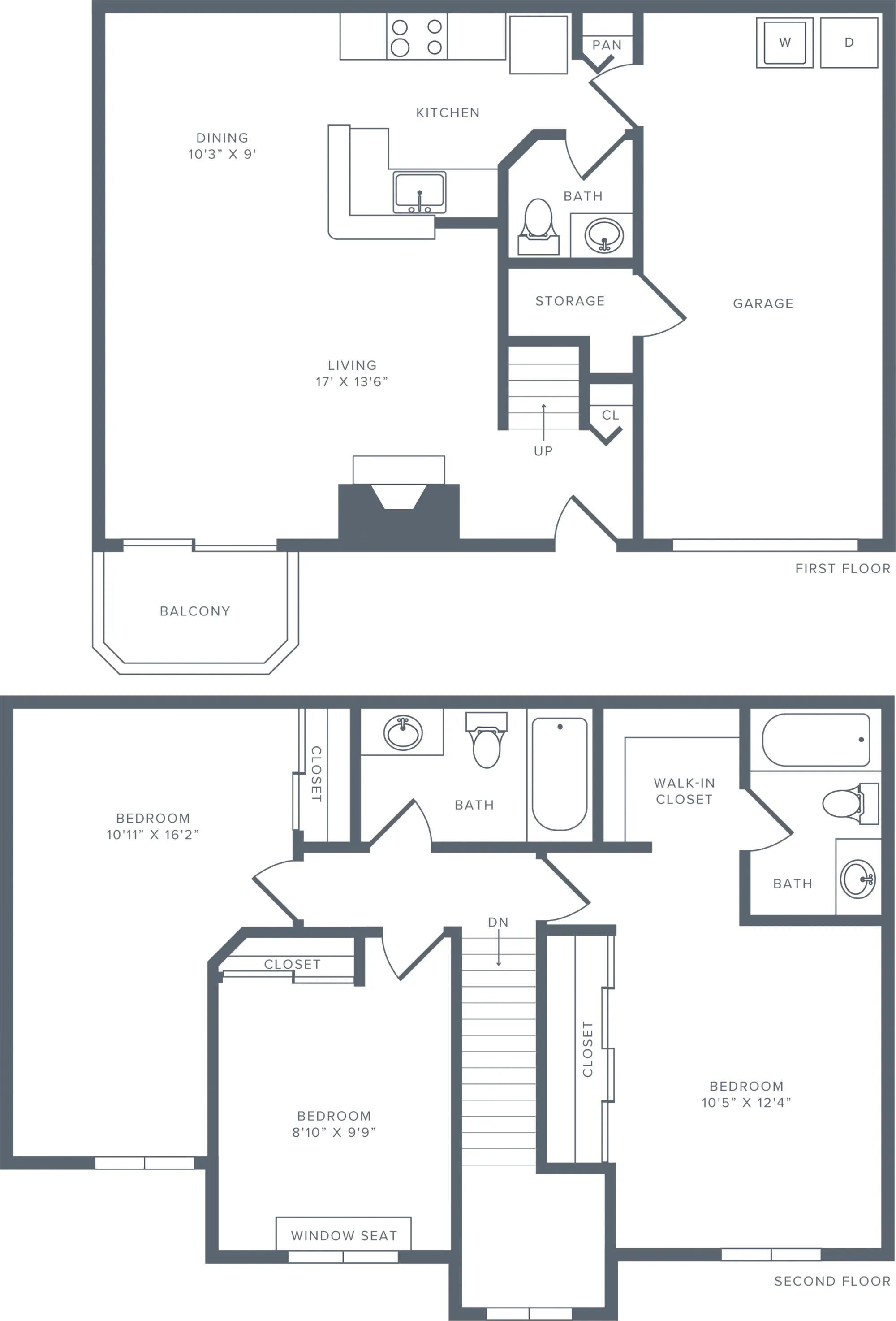 1340 square foot three bedroom two bath townhome floorplan image