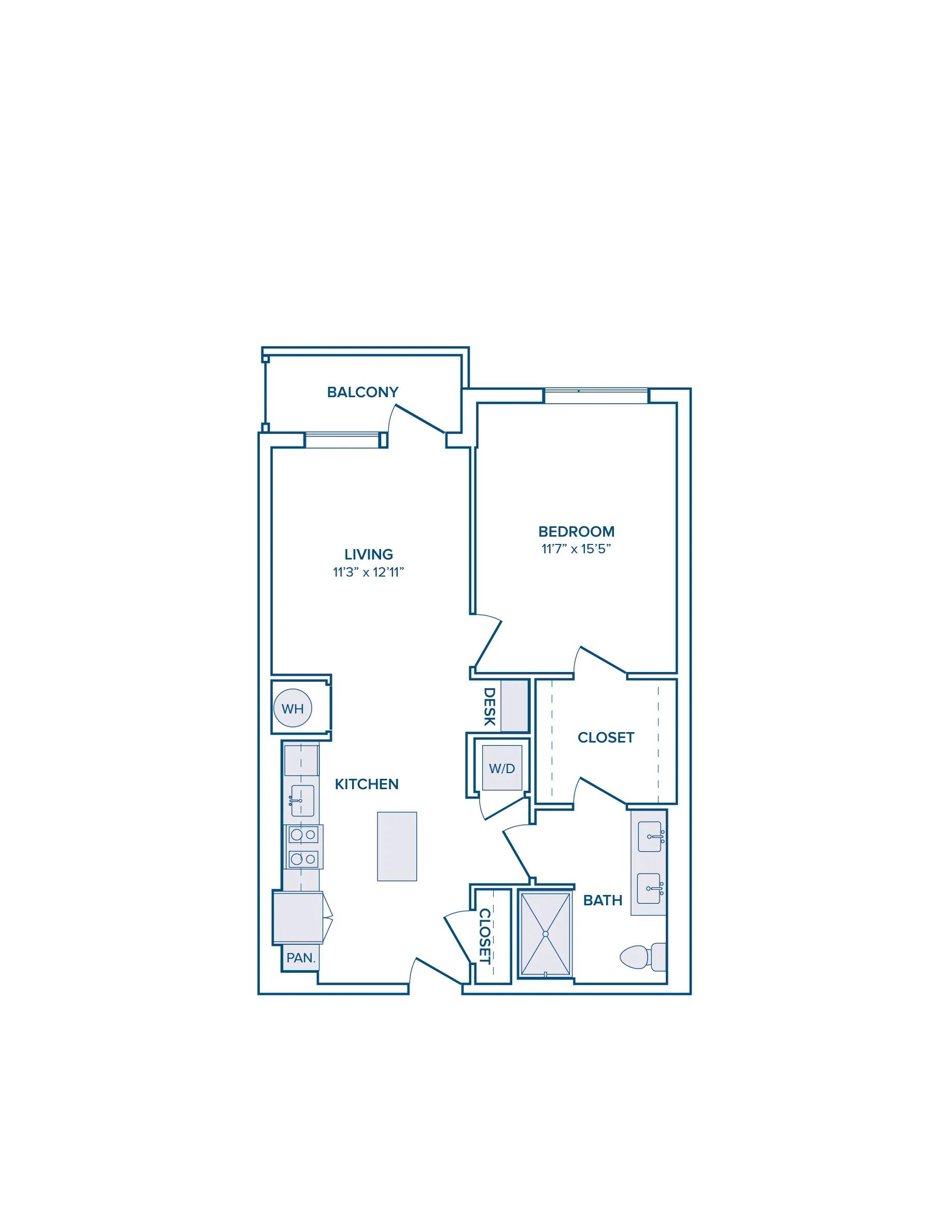 774 square foot one bed one bath apartment floor plan image