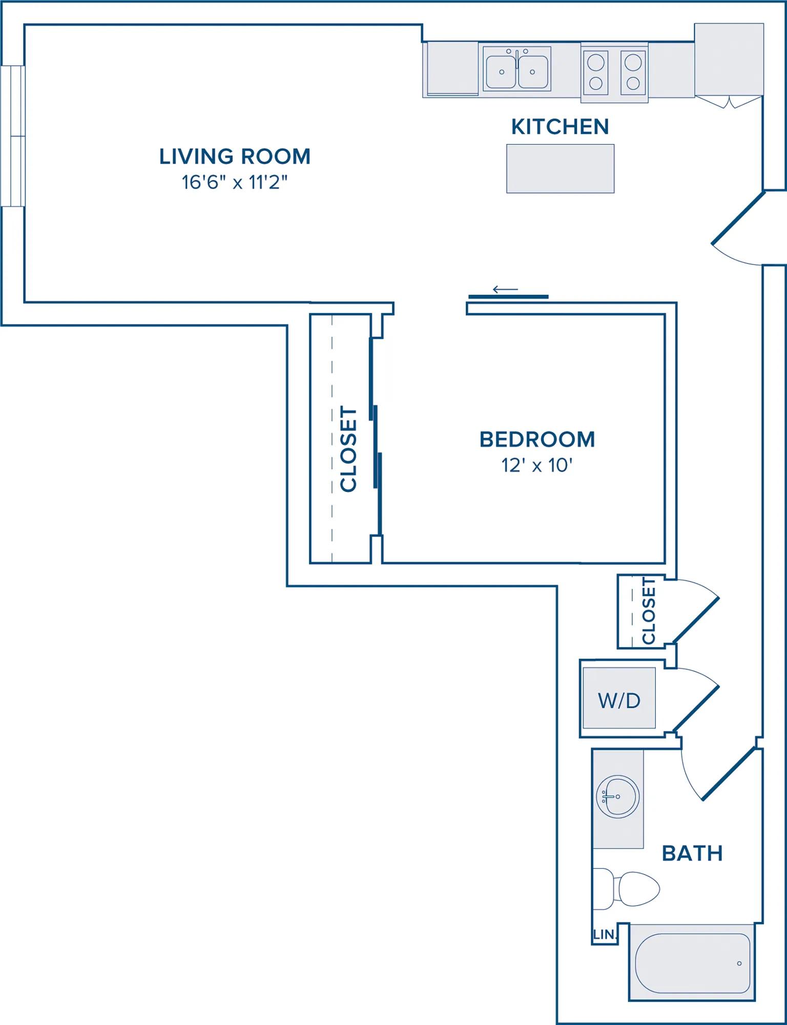 746-748 square foot one bedroom one bath apartment floorplan image