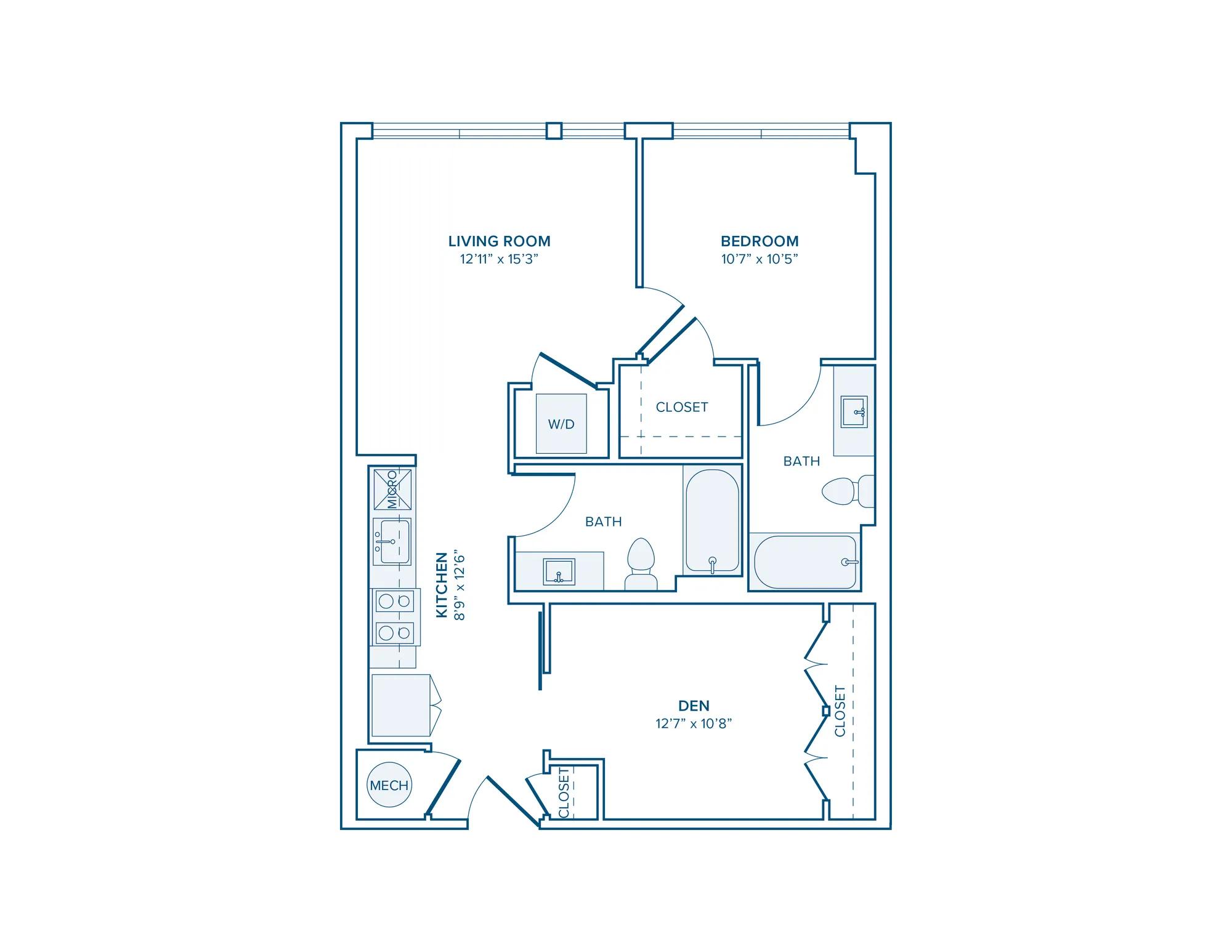 758 square foot one bed two bath with den apartment floor plan in D.C.
