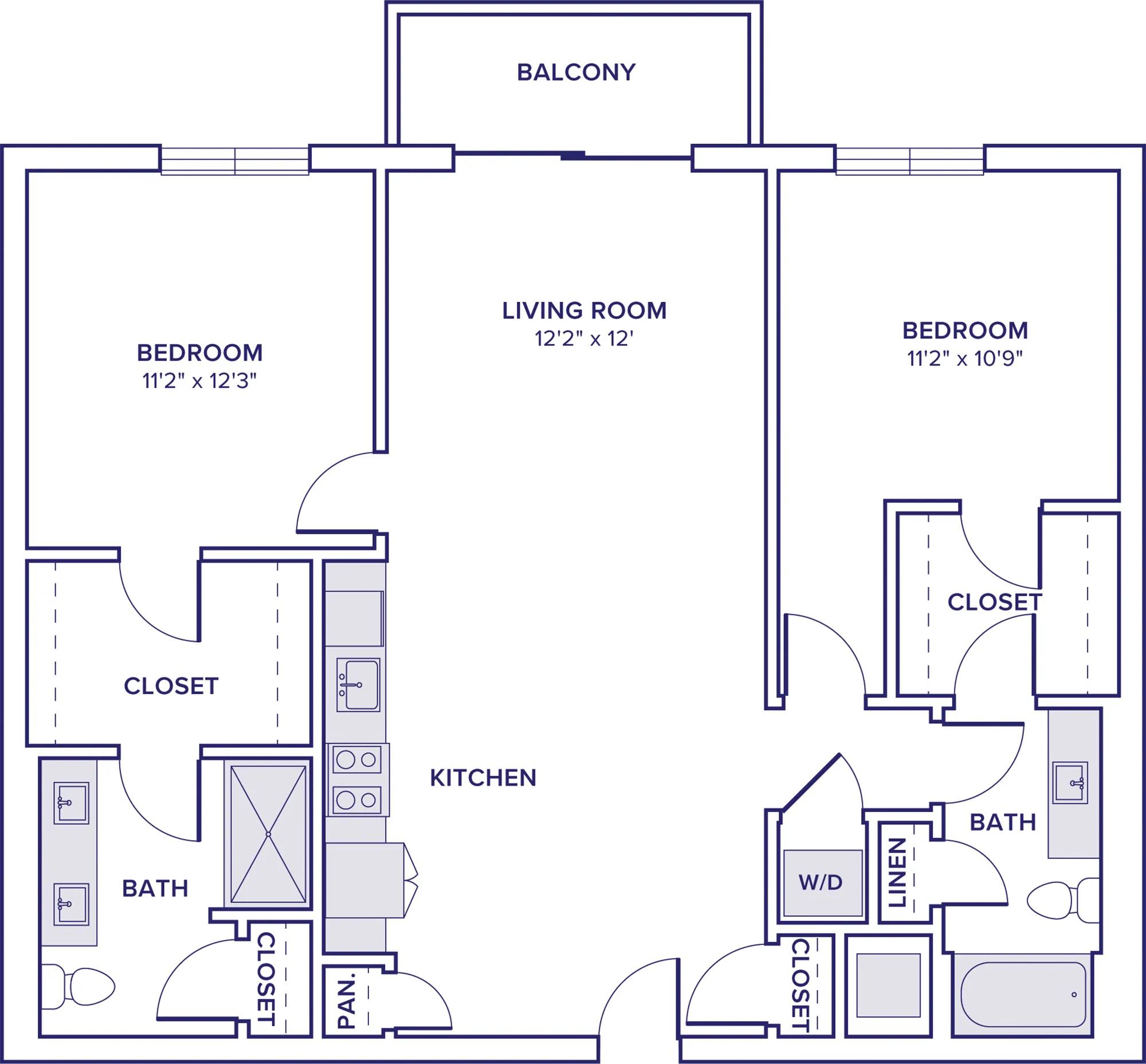 1111 square foot two bedroom two bathroom floorplan image