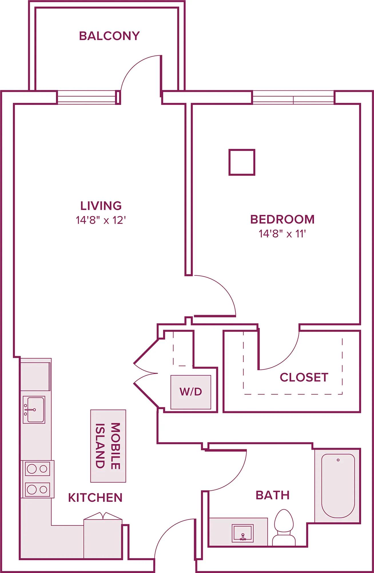 728 square foot one bed one bath floor plan in Argyle, CA