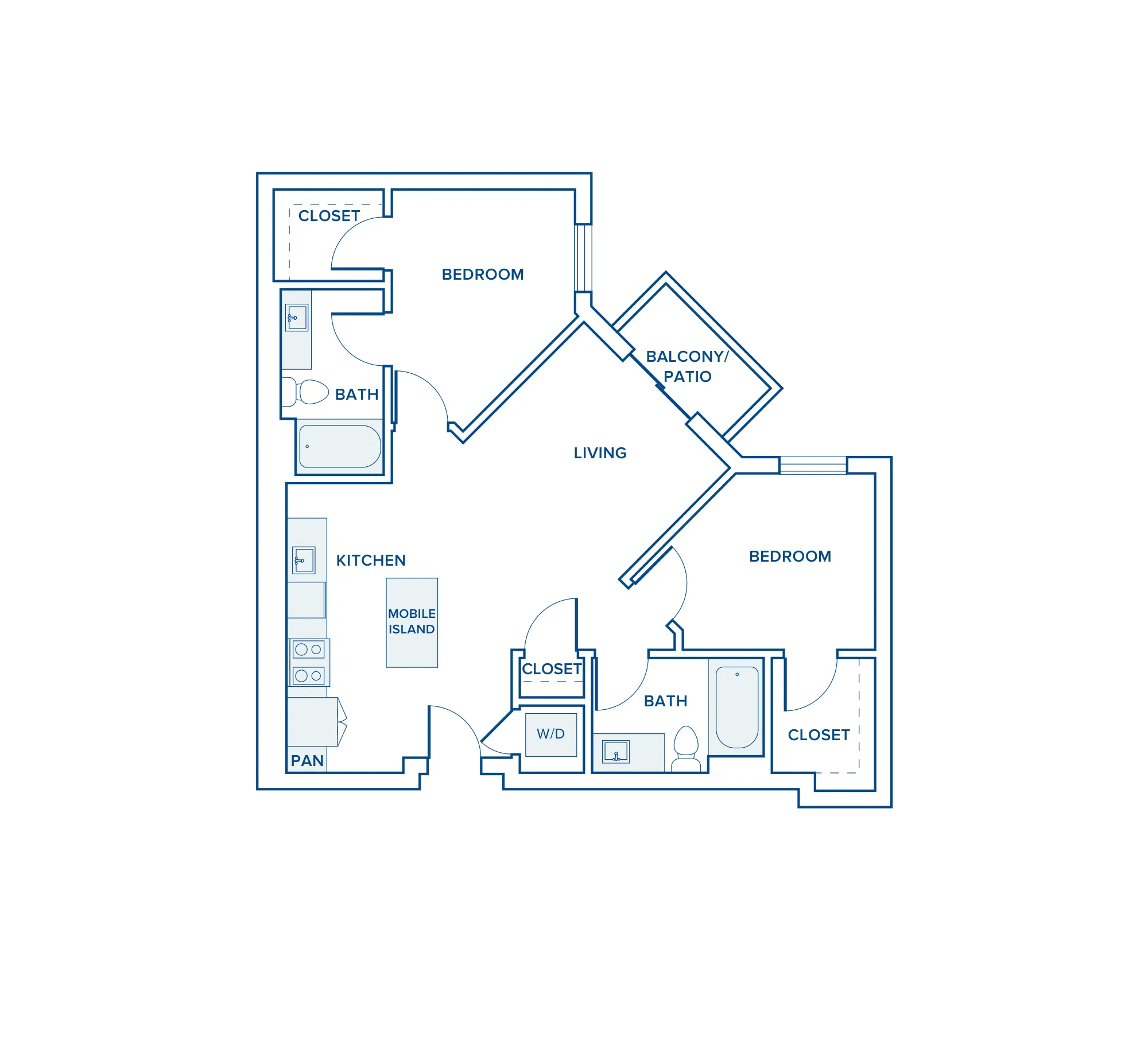 1067 square foot two bed two bath apartment floor plan in Shoreline, WA