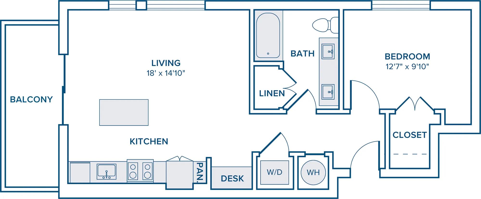 698 square foot one bedroom one bath apartment floorplan image