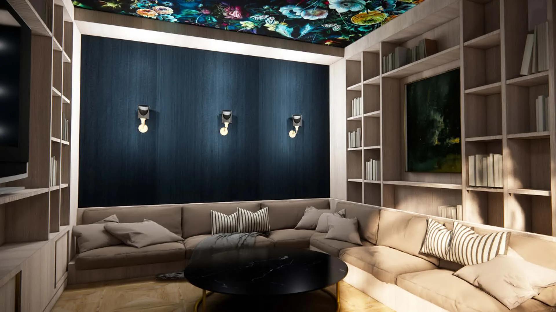 large media room with section couch at modera university park apartment homes for rent in denver co
