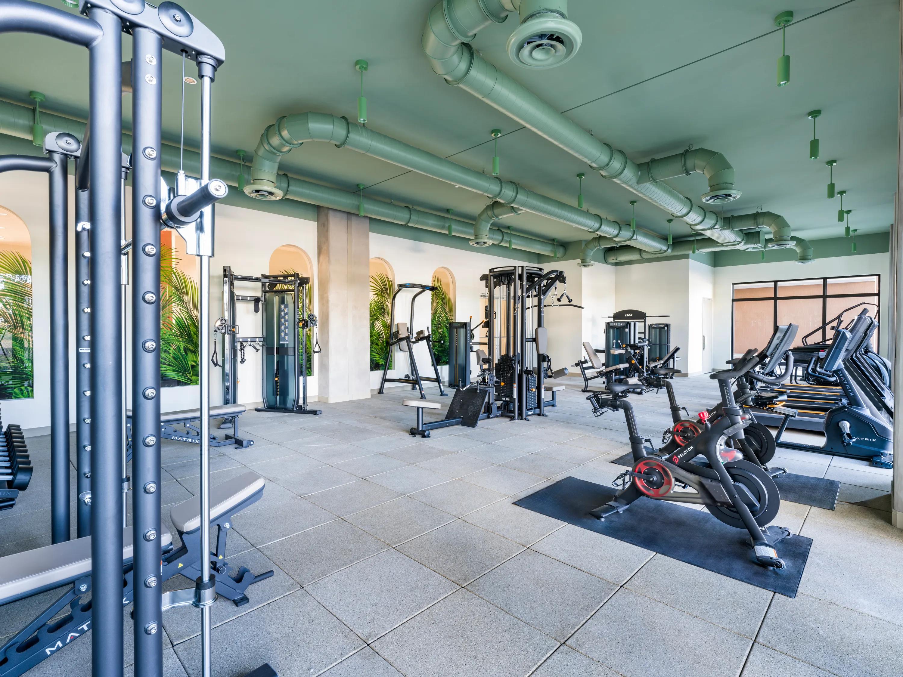 fitness center with high end equipment at modera academical village apartment homes for rent in davie fl