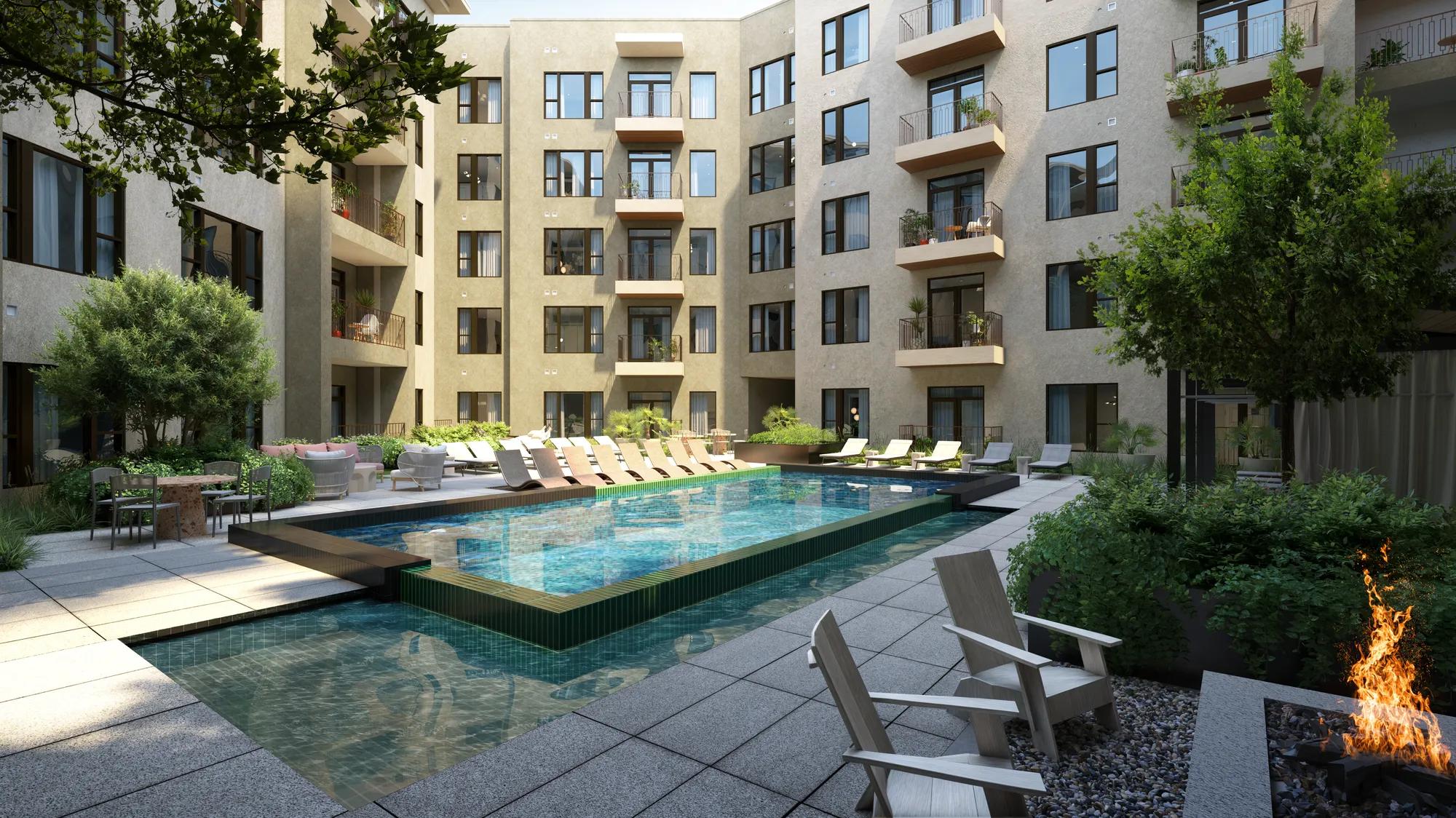 resort style pool with spacious sundeck modera trailhead apartments
