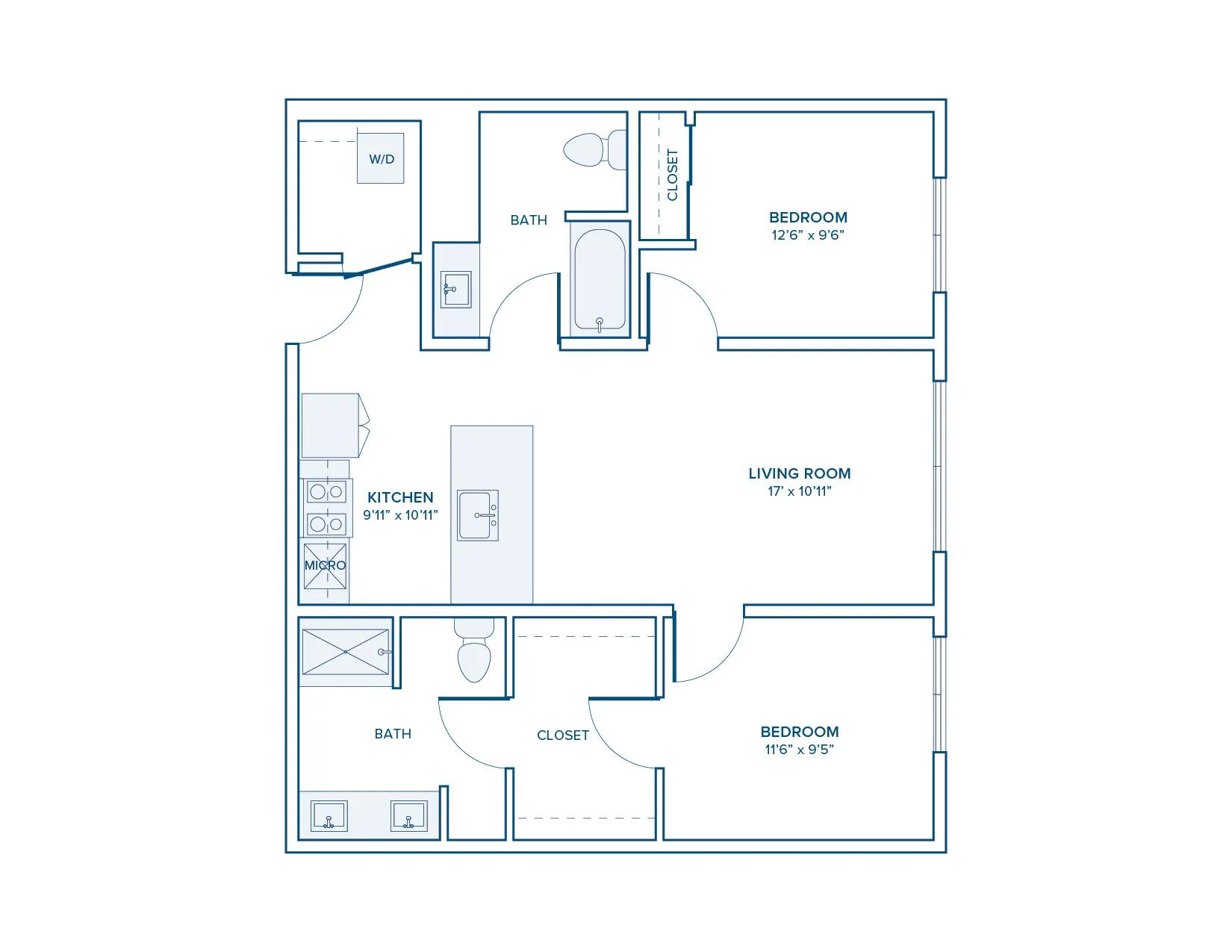 924 square foot two bed two bath floor plan in Beaverton, OR