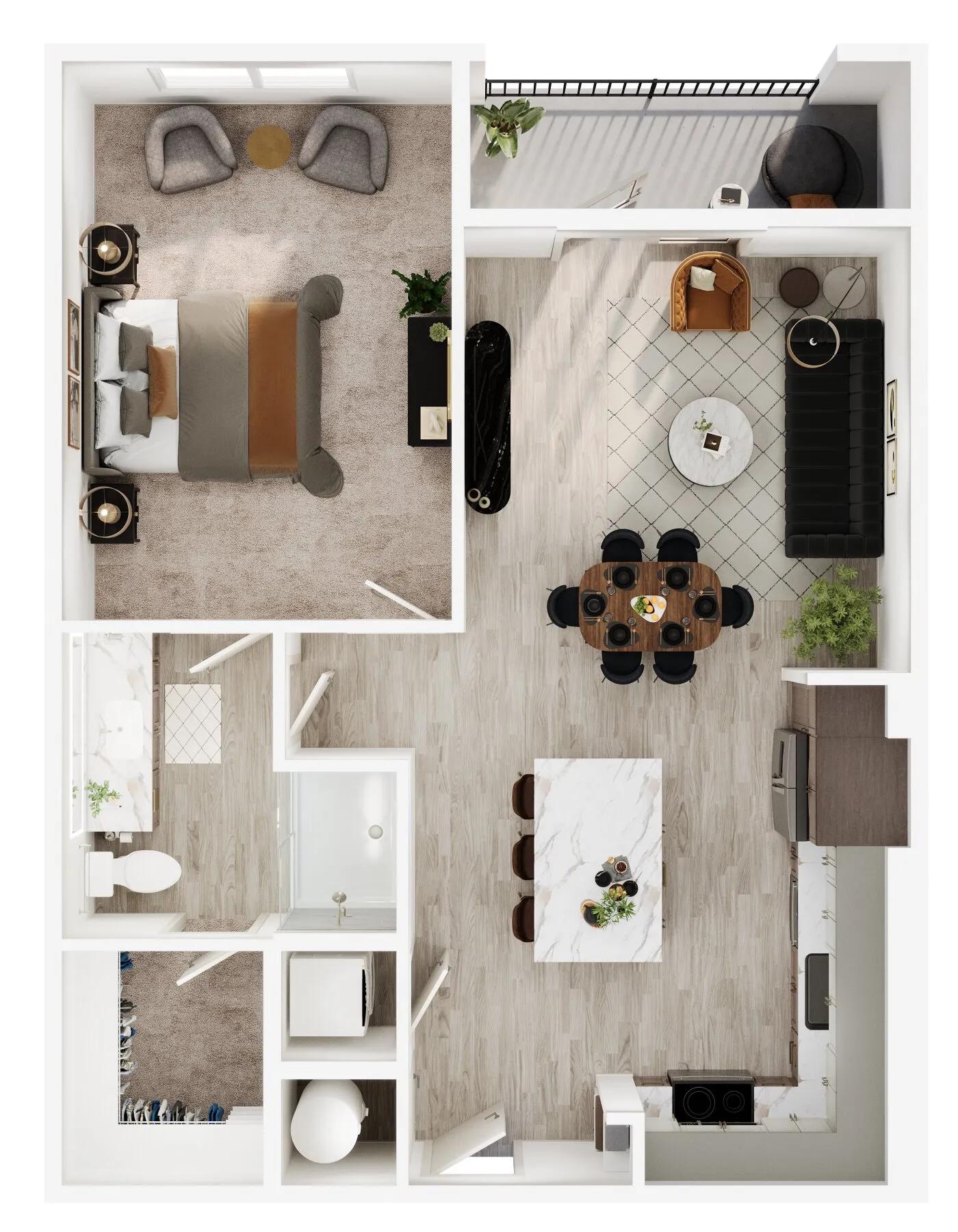 814 square foot one bed one bath apartment floor plan image