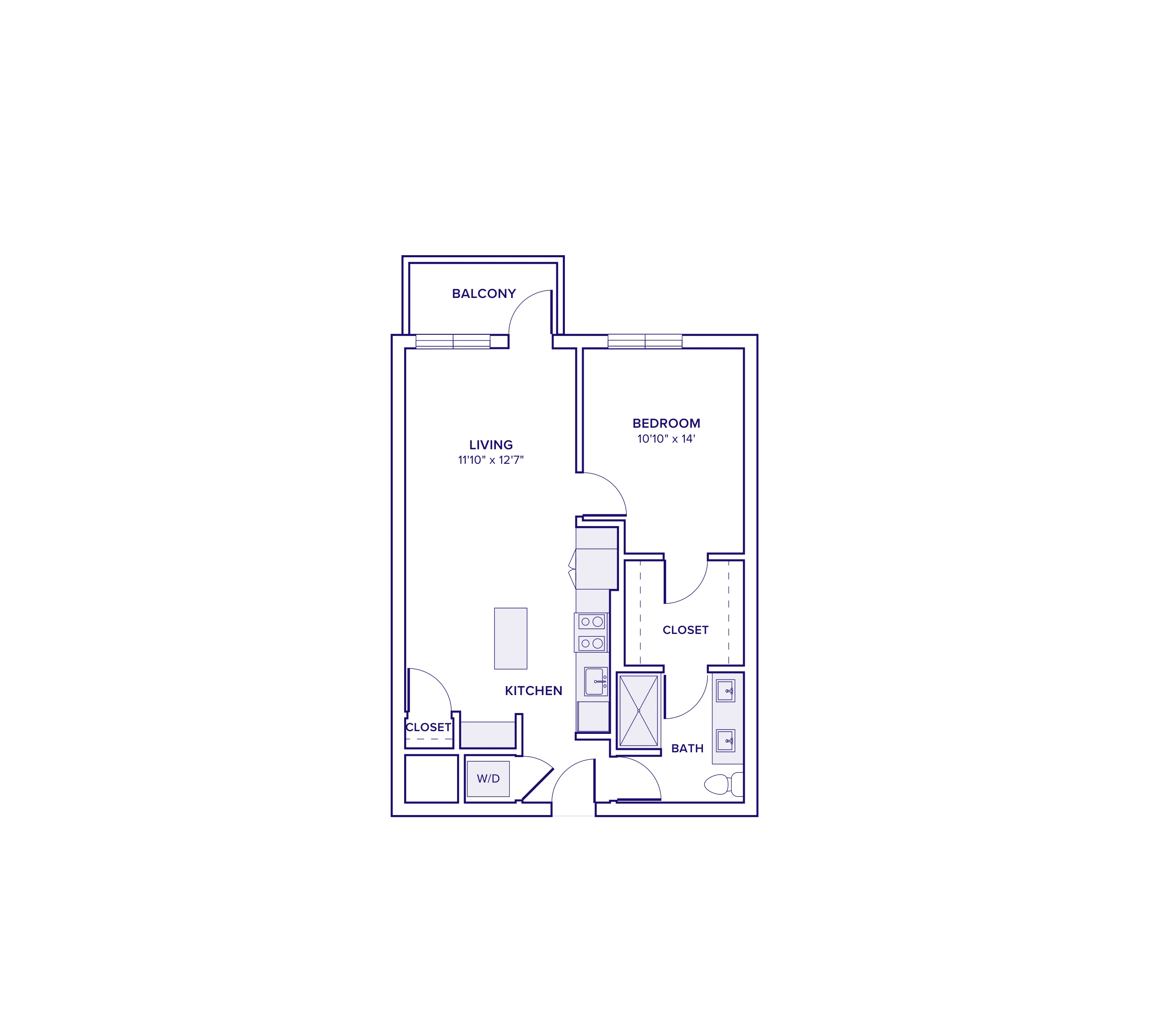 663 square foot one bedroom one bath apartment floor plan in Atlanta, GA