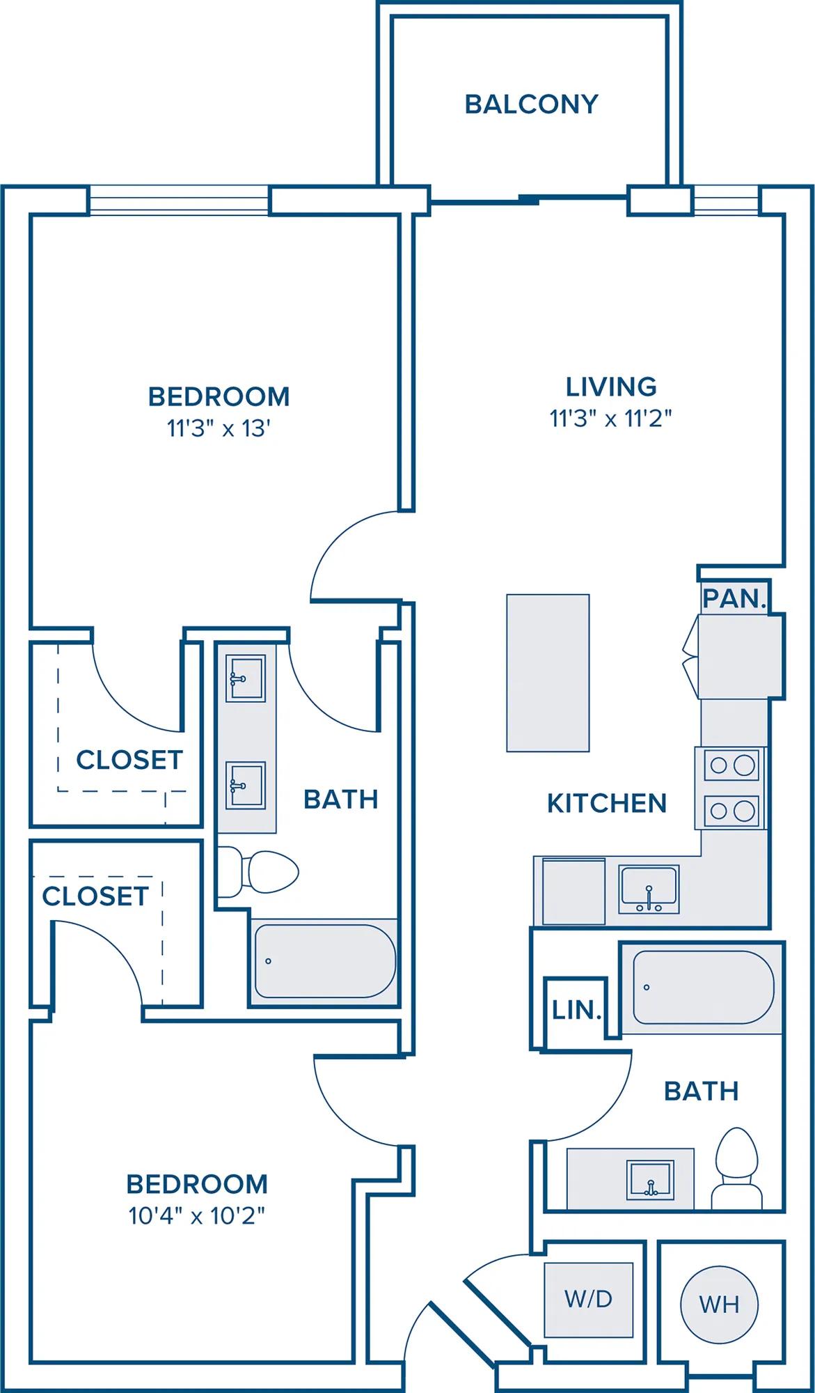 886 square foot two bedroom two bath apartment floorplan image