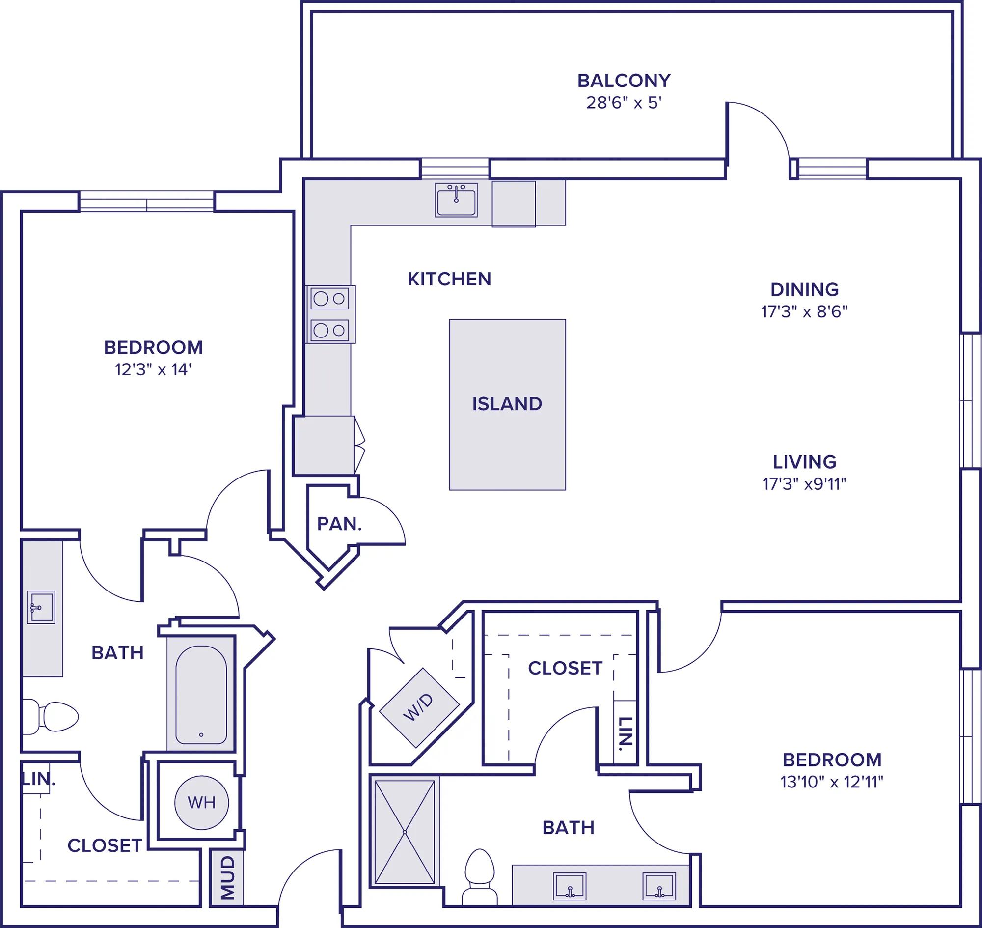 1354 square foot two bedroom two bath apartment floor plan in McKinney, TX