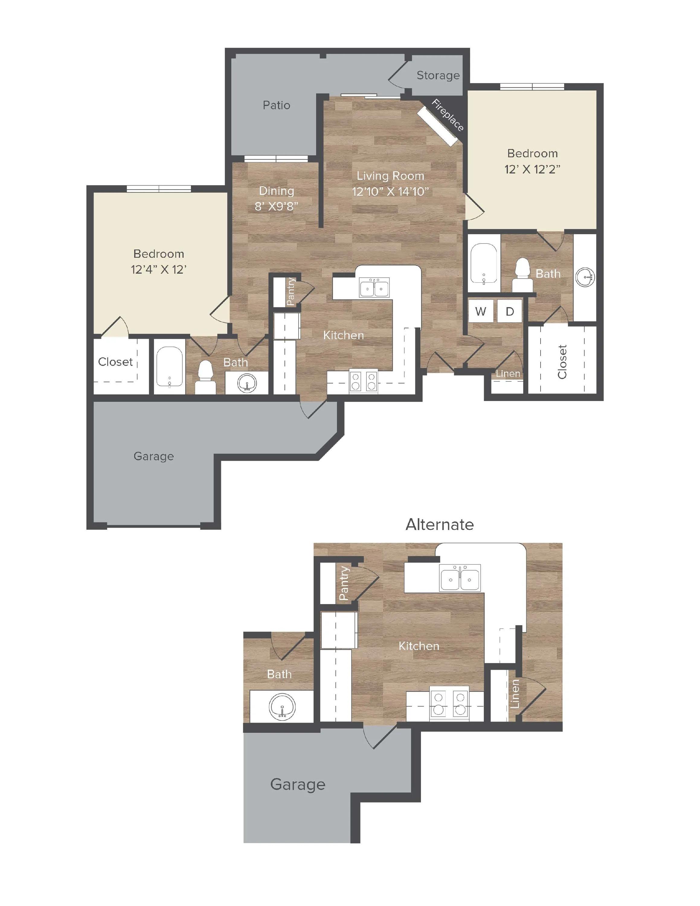 1071 square foot two bed two bath with garage apartment floor plan in Austin, TX