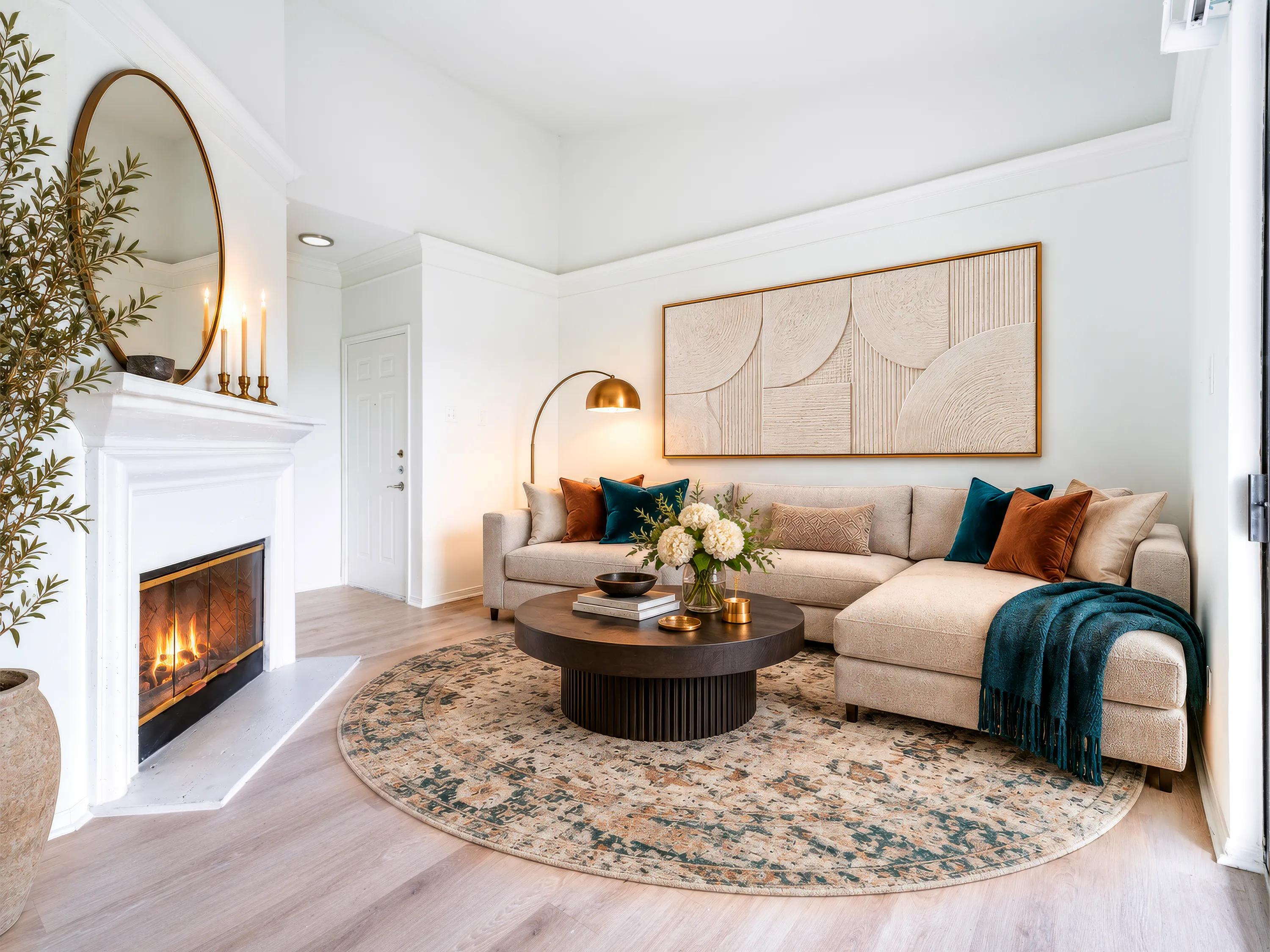 Premium apartment home living room with a fireplace, crown molding, wood-style flooring, and an open-concept layout at Alister Sunset Valley apartments in Austin, TX.