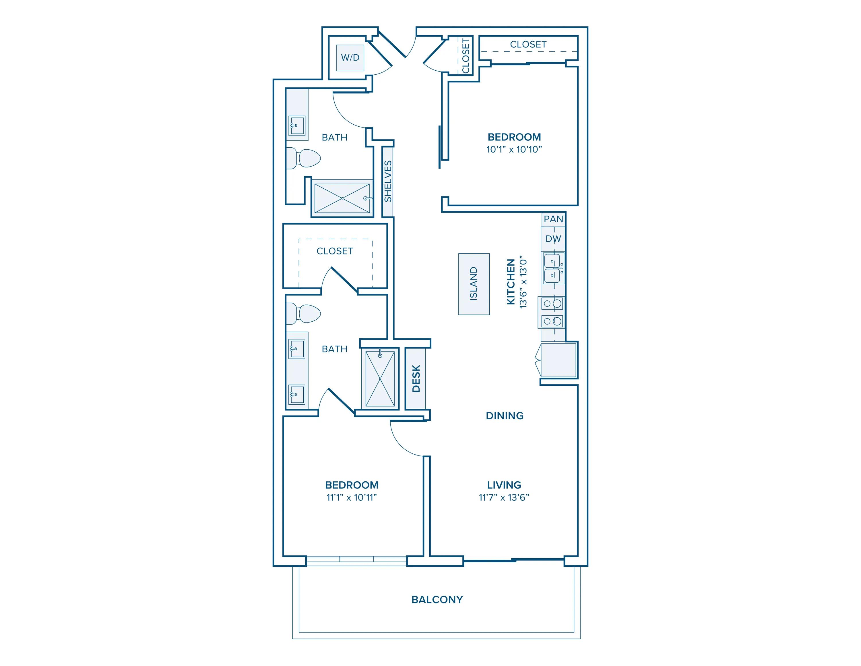1008 square foot two bedroom two bath apartment floorplan image