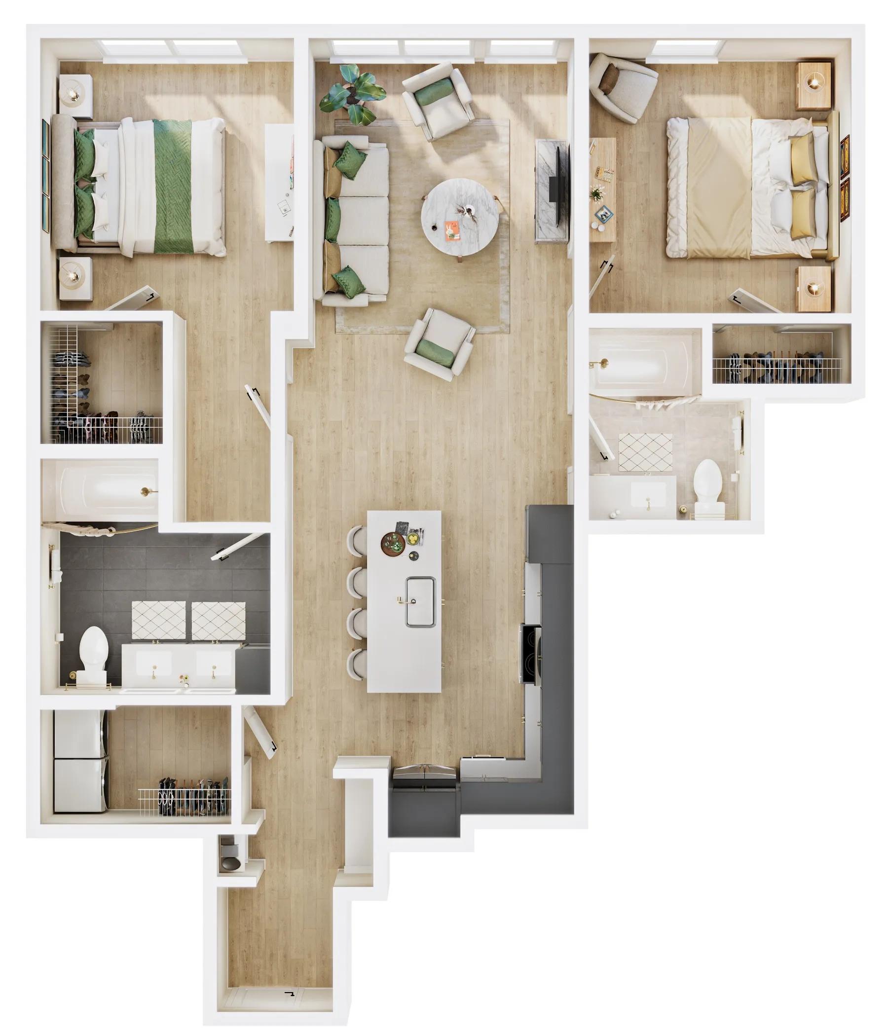 1134 square foot two bed two bath apartment floor plan image