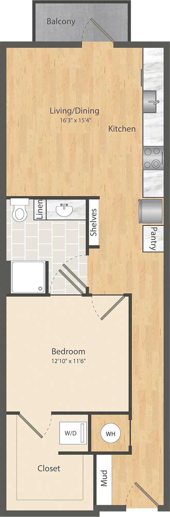779 square foot one bedroom one bath apartment floor plan in Dallas, TX
