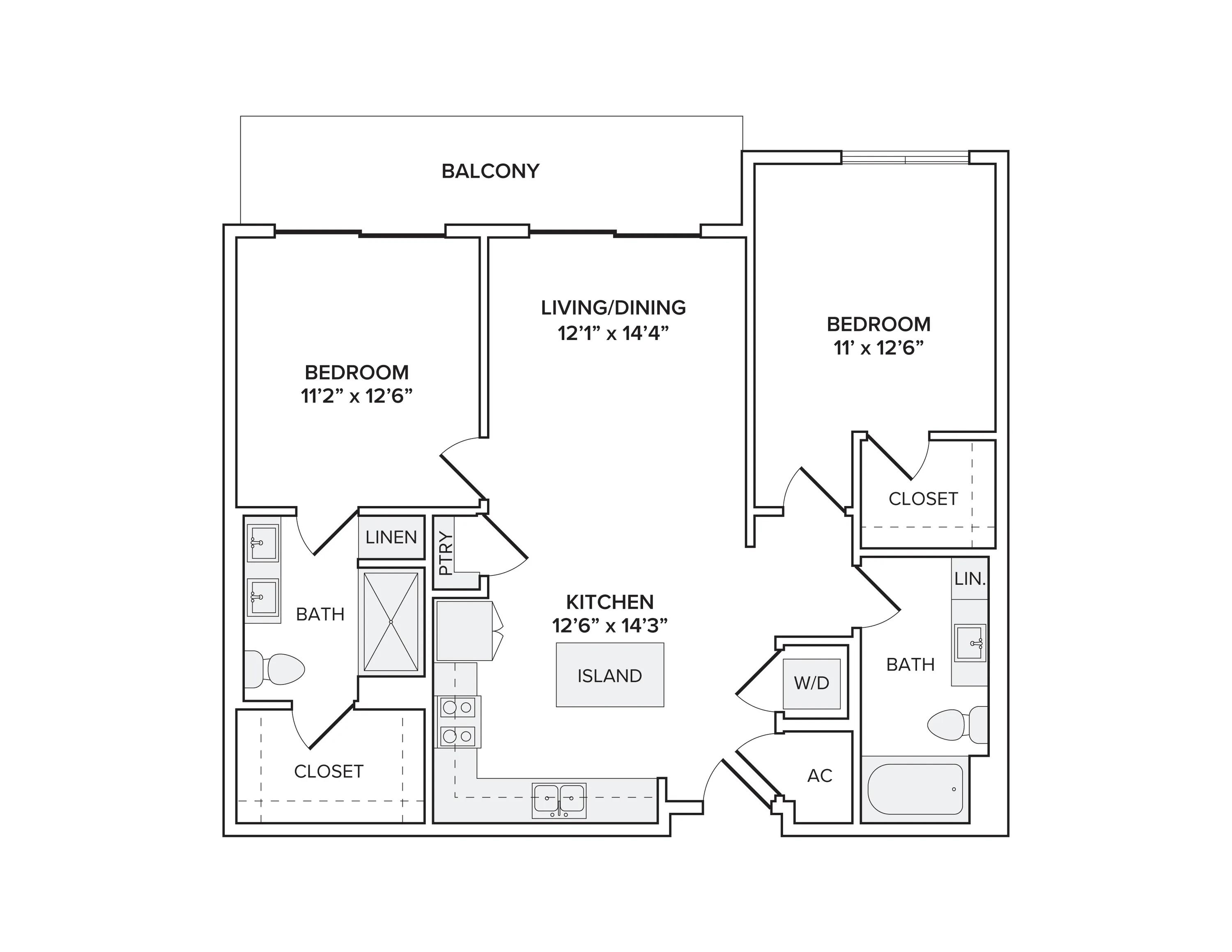 1055 square foot two bed two bath apartment floor plan in Scottsdale, AZ