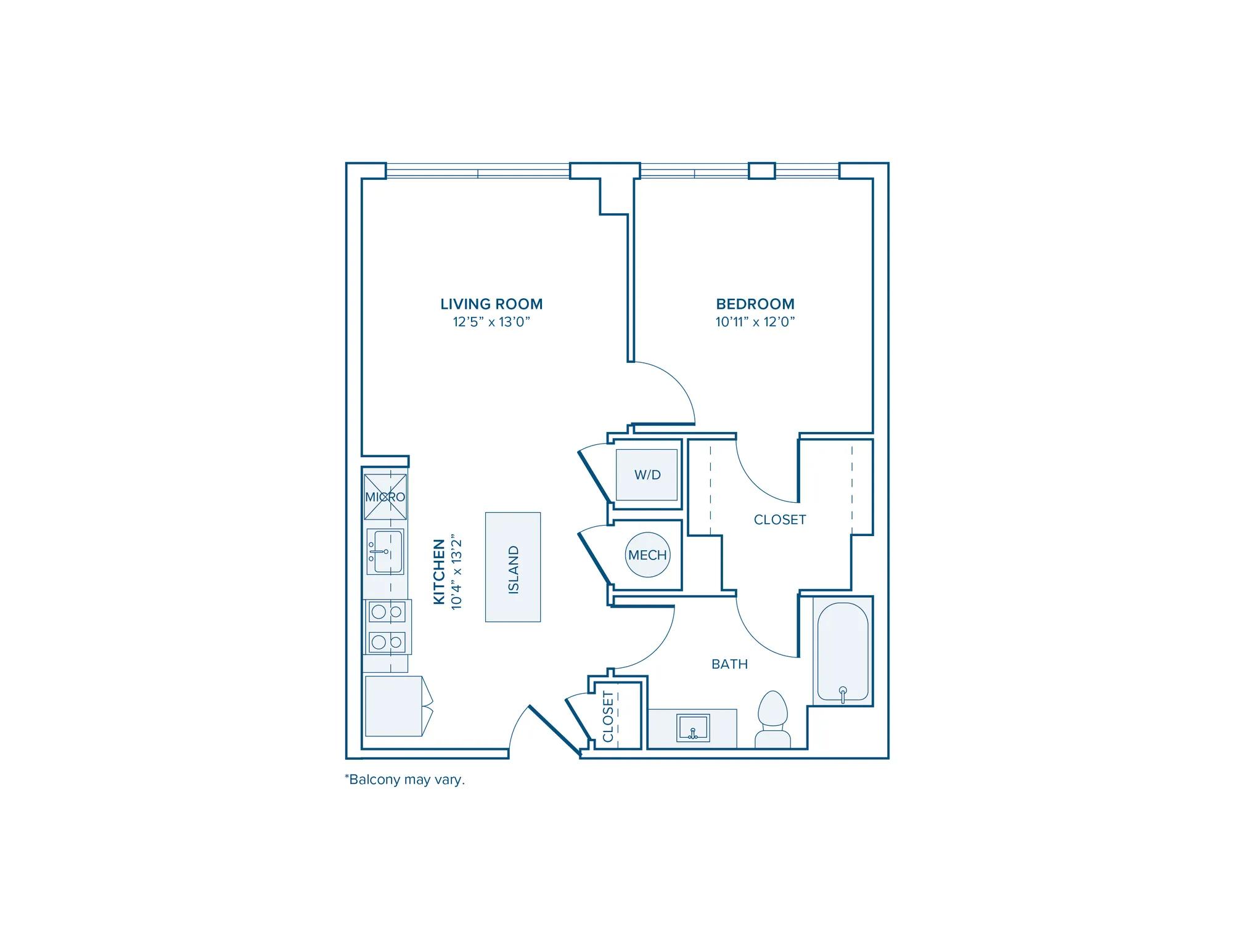 644 square foot one bed one bath apartment floor plan in D.C.