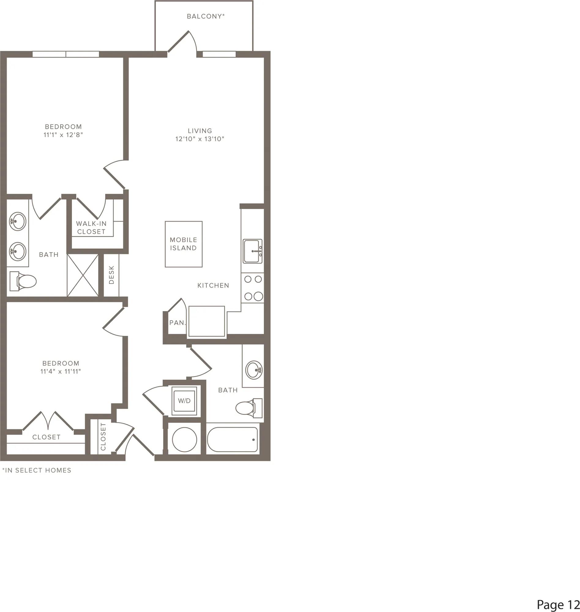 950 square foot two bedroom two bath apartment floorplan image