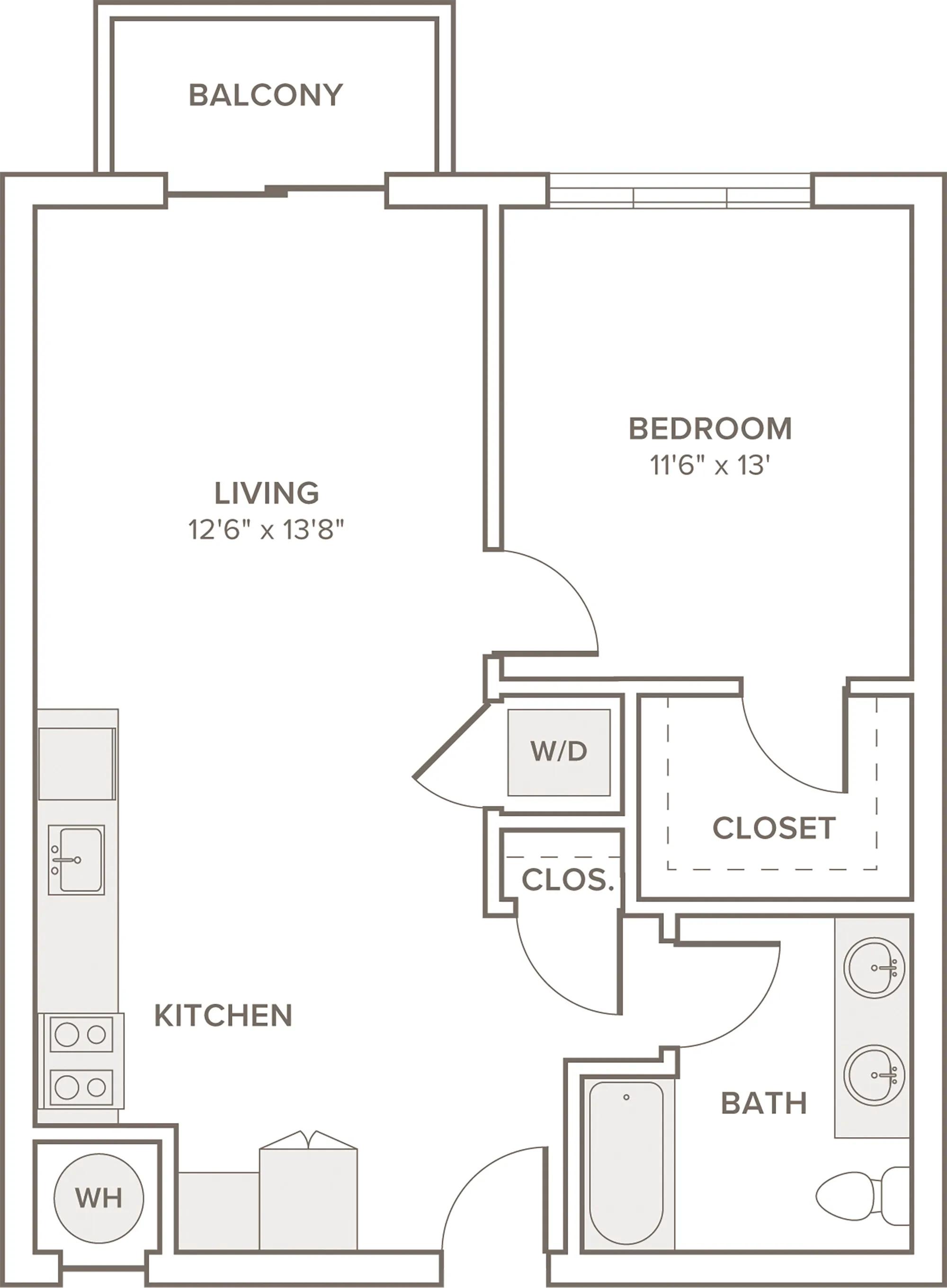750 square foot one bedroom one bath apartment floorplan image