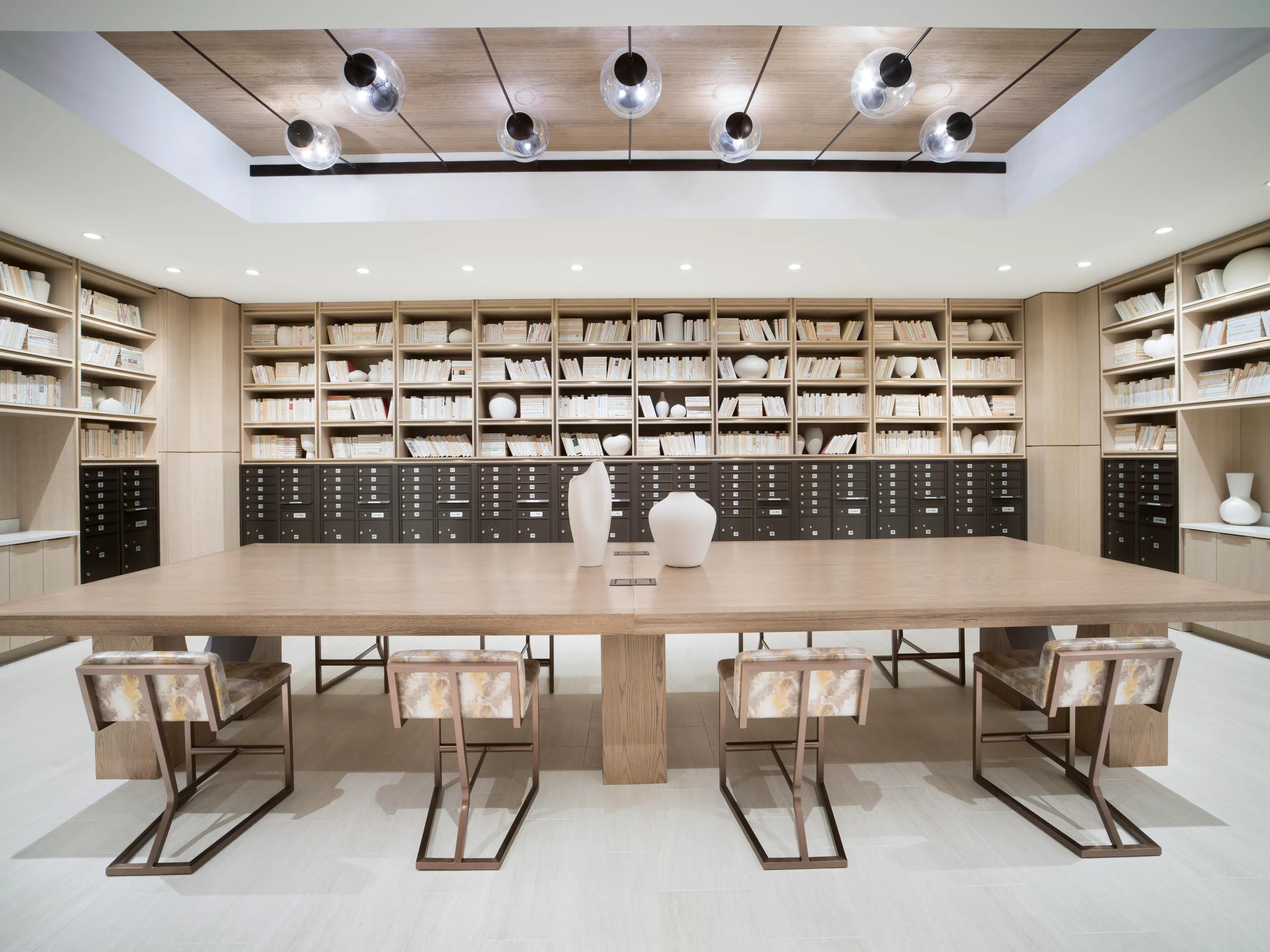 mail room and communal table modera liberty row charlotte nc apartments