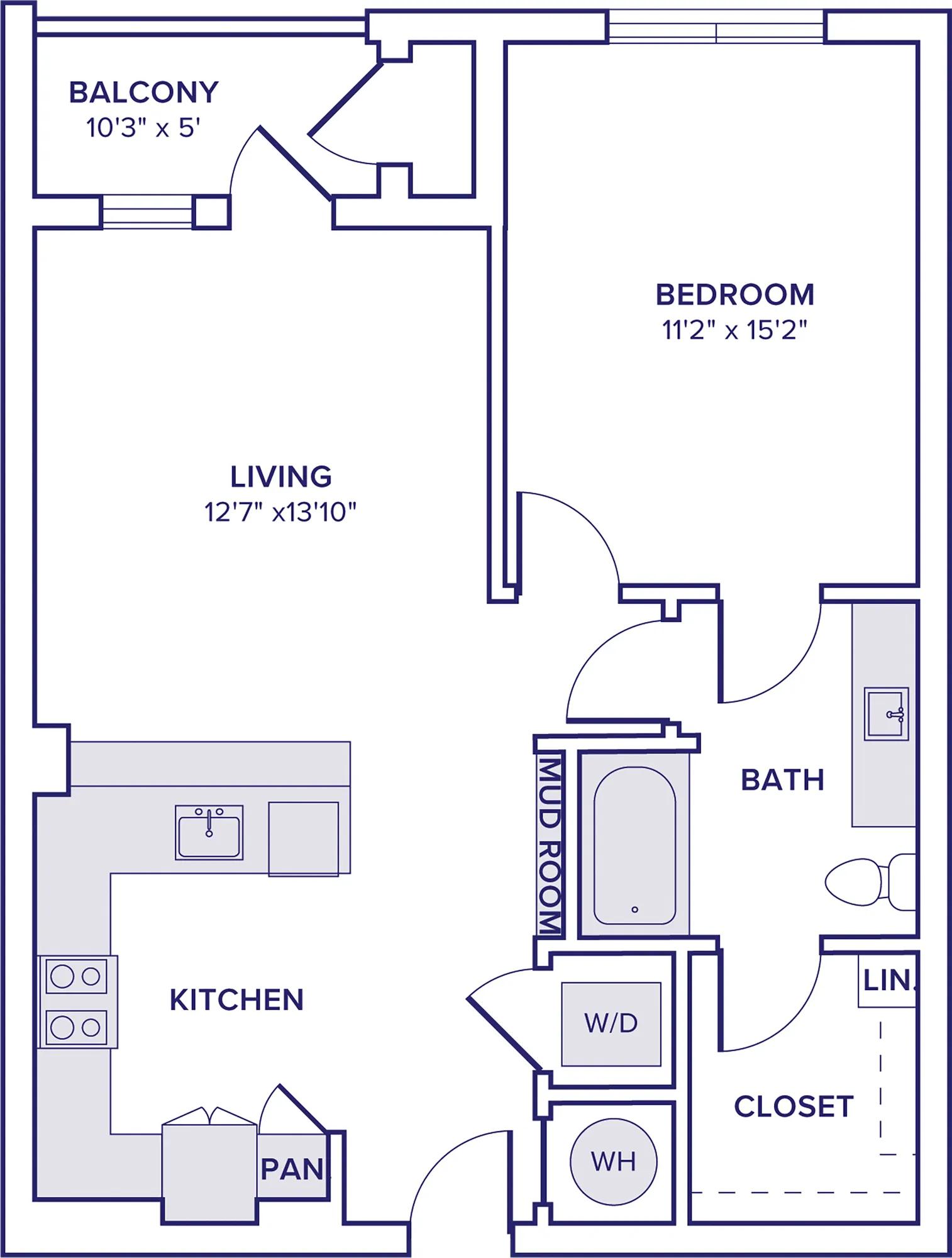 764 square foot one bed one bath apartment floor plan in McKinney, TX