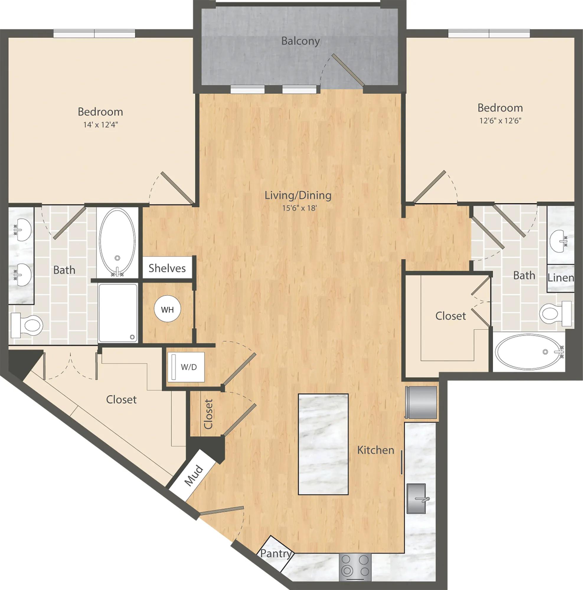 1315 square foot two bedroom two bath apartment floor plan in Dallas, TX