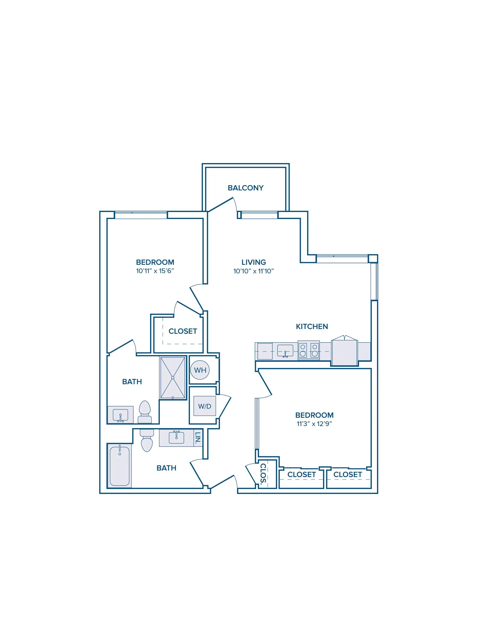 955 square foot two bed two bath apartment floor plan image