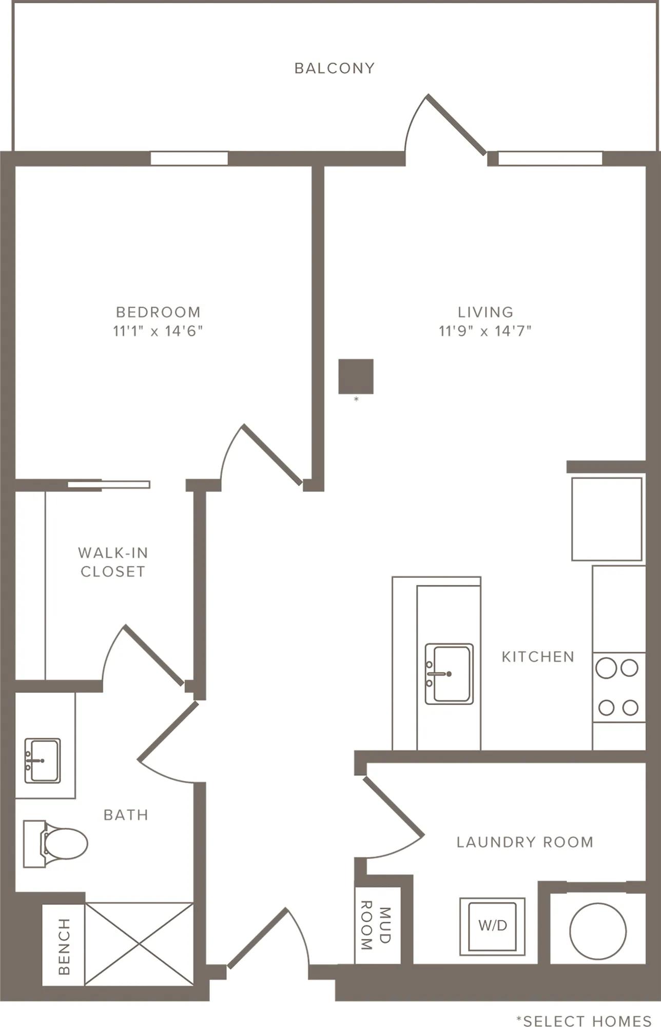 764 to 929 square foot one bedroom one bath apartment floorplan image