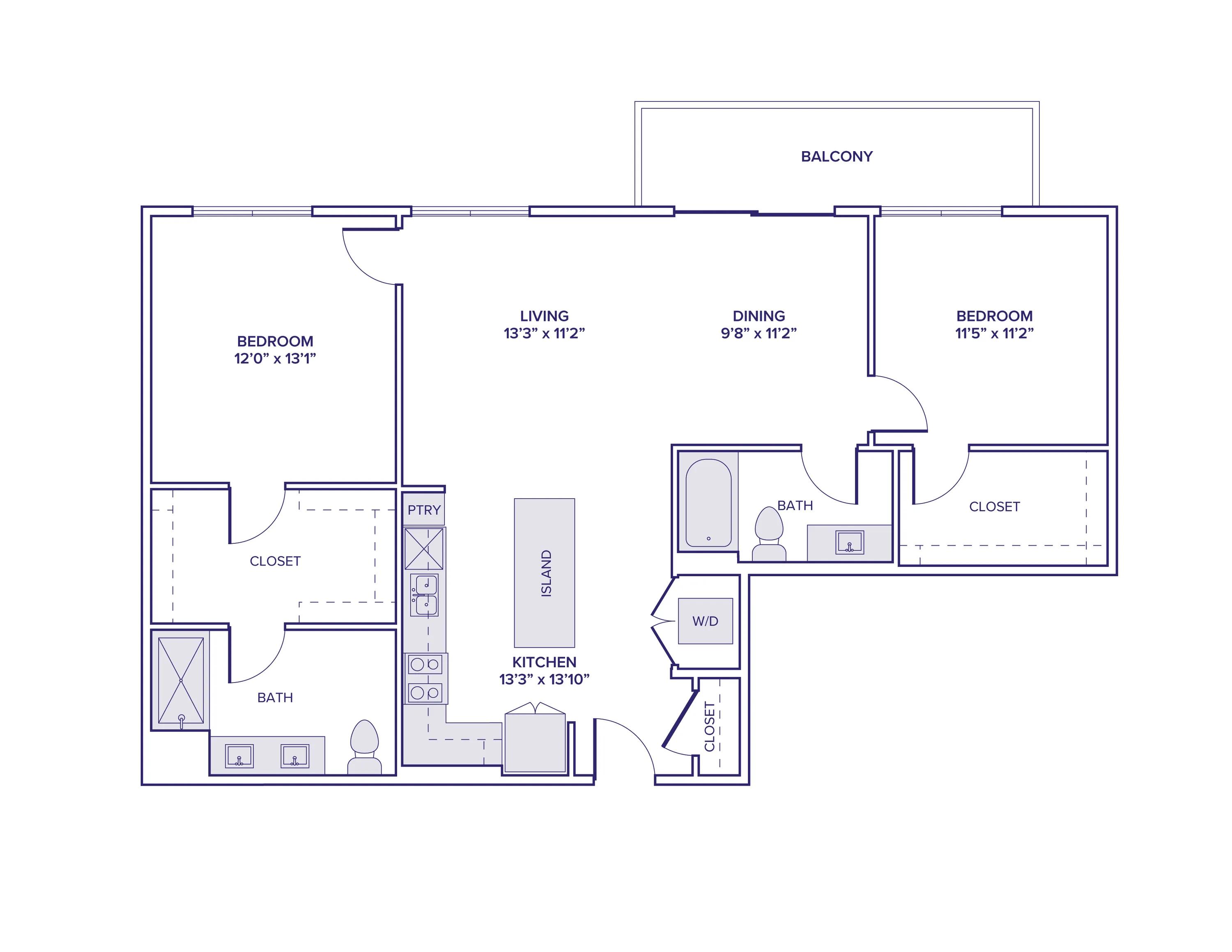 1178 square foot two bed two bath apartment floor plan in Scottsdale, AZ