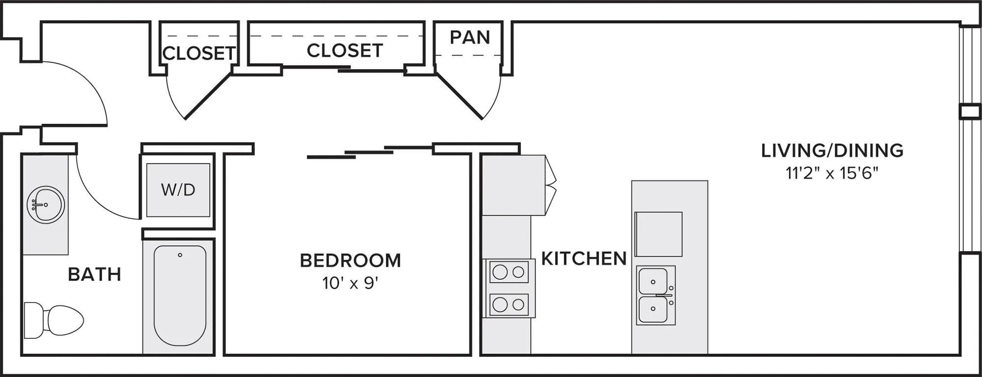 680 square foot one bedroom one bath apartment floorplan image