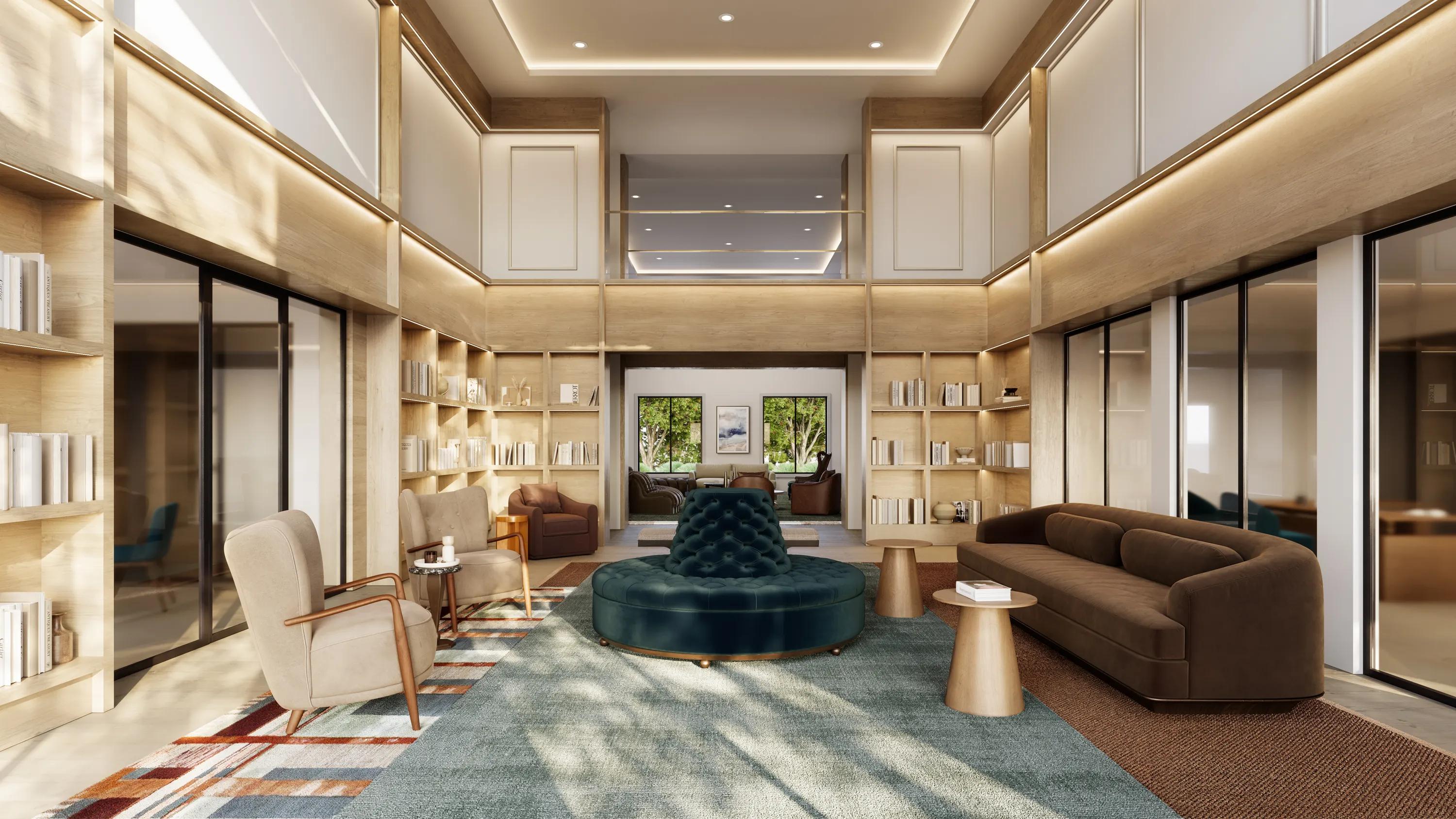 Resident clubroom with double-height ceilings, built-in bookcases, contemporary lounge seating, glass-enclosed meeting spaces, and designer lighting at Modera Ridgeline apartments in McKinney, TX.