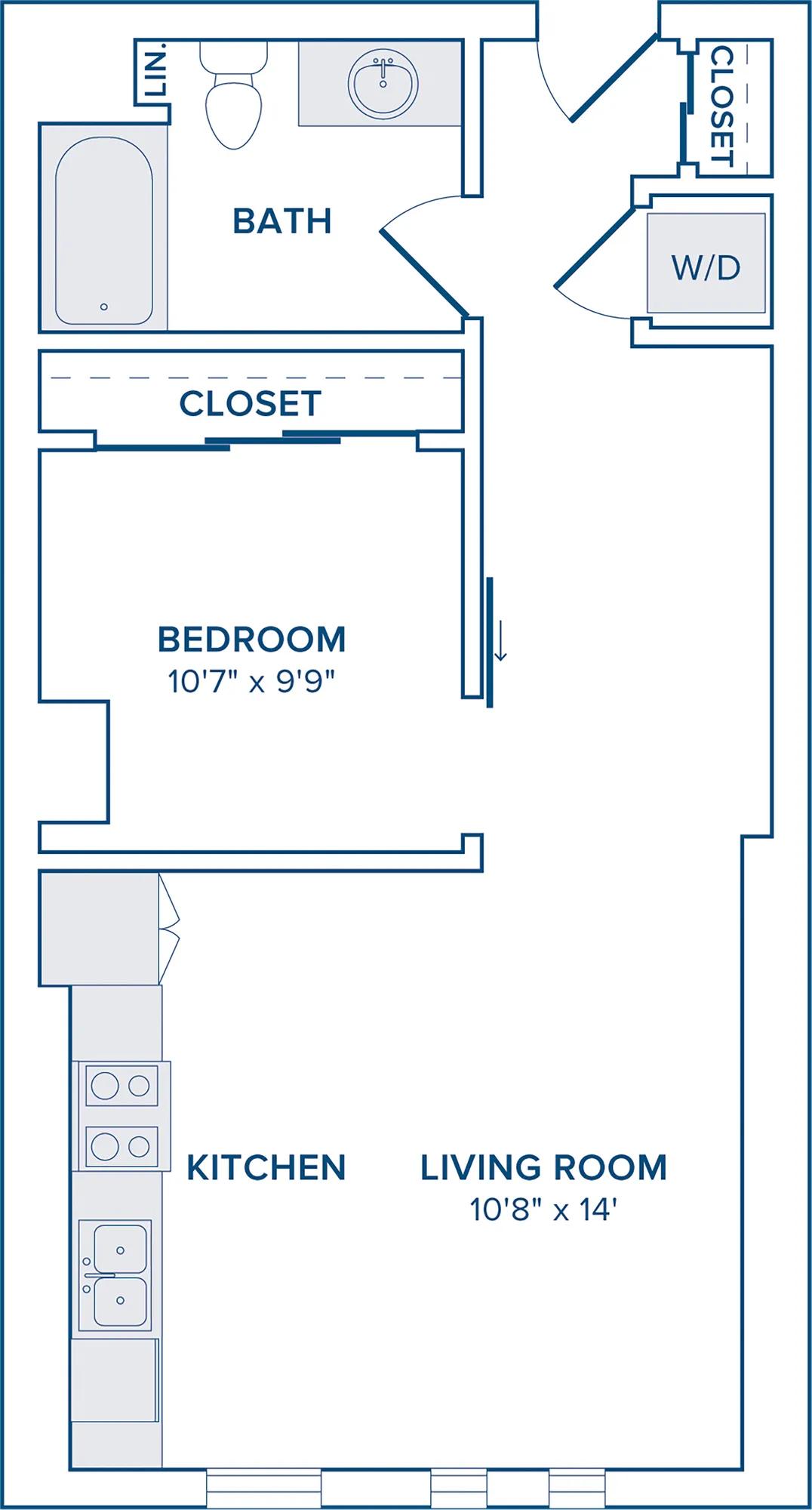 571 to 575 square foot one bedroom one bath apartment floorplan image