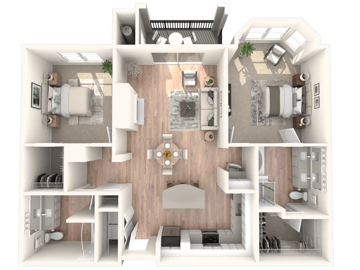 1307 square foot two bed two bath apartment floor plan image