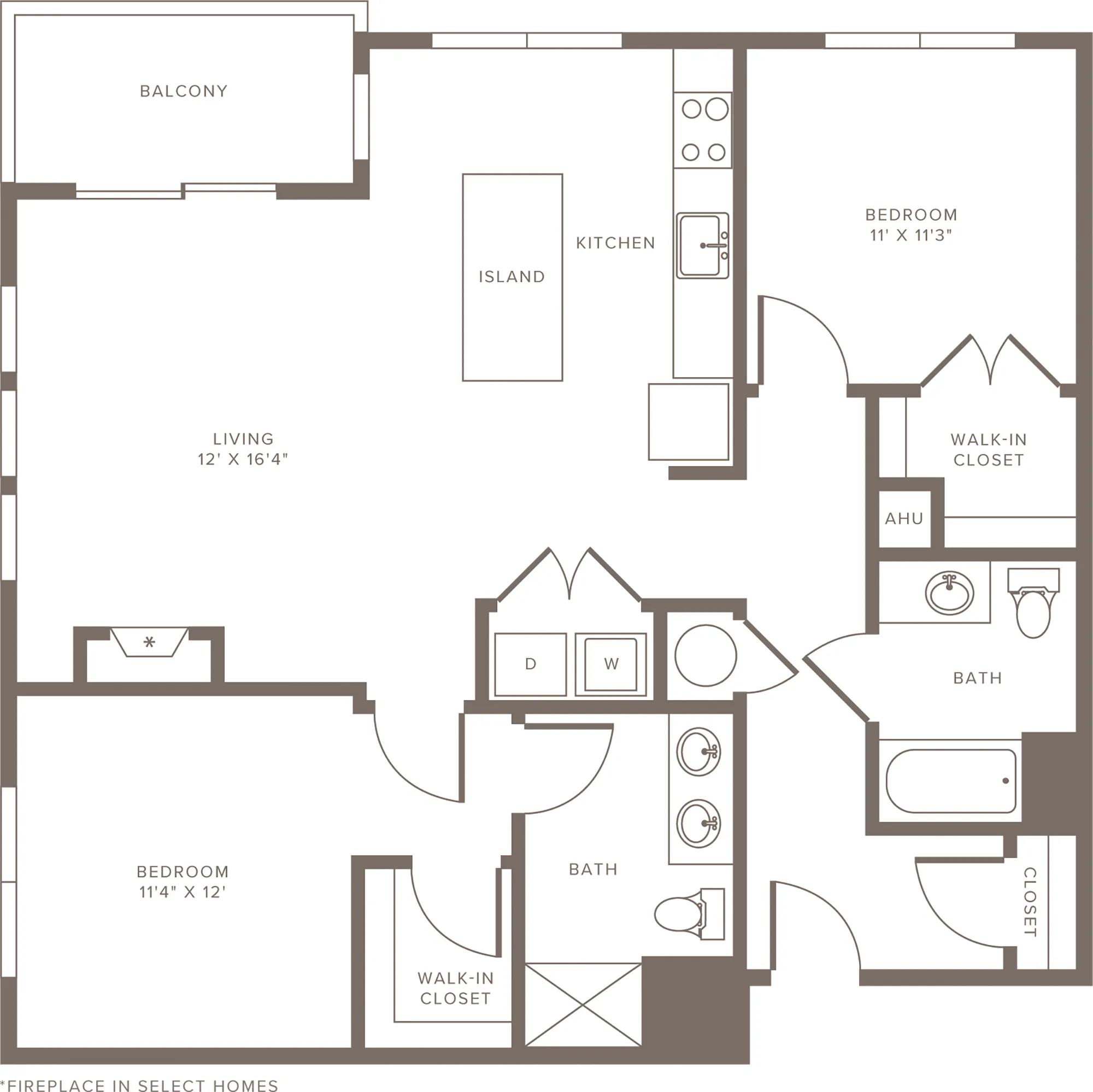 1205 square foot two bedroom two bath apartment floorplan image