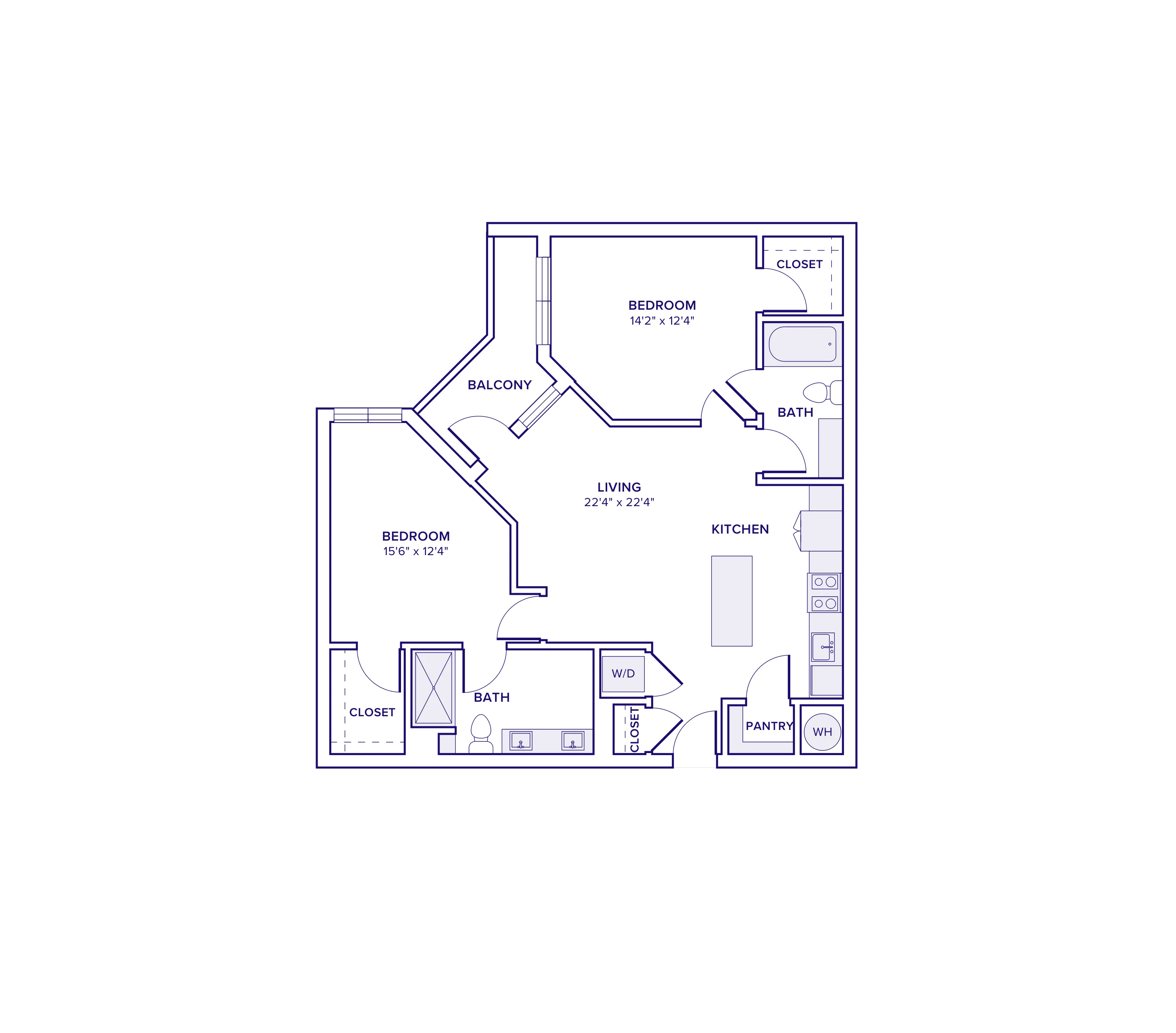 1079 square foot two bed two bath apartment floor plan in Atlanta, GA