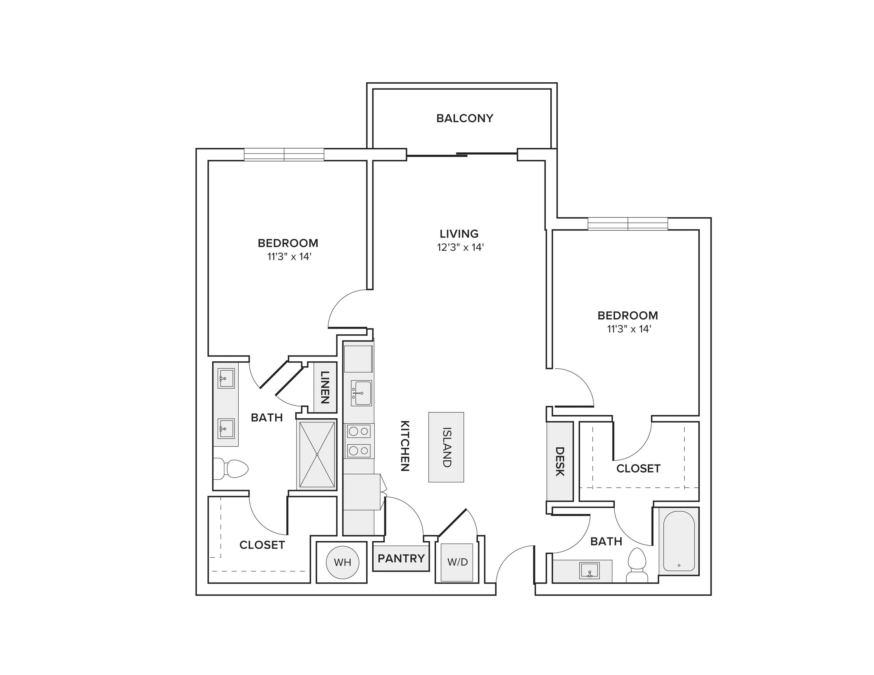 1099-1102 square foot two bedroom two bath apartment floorplan in Davie, FL