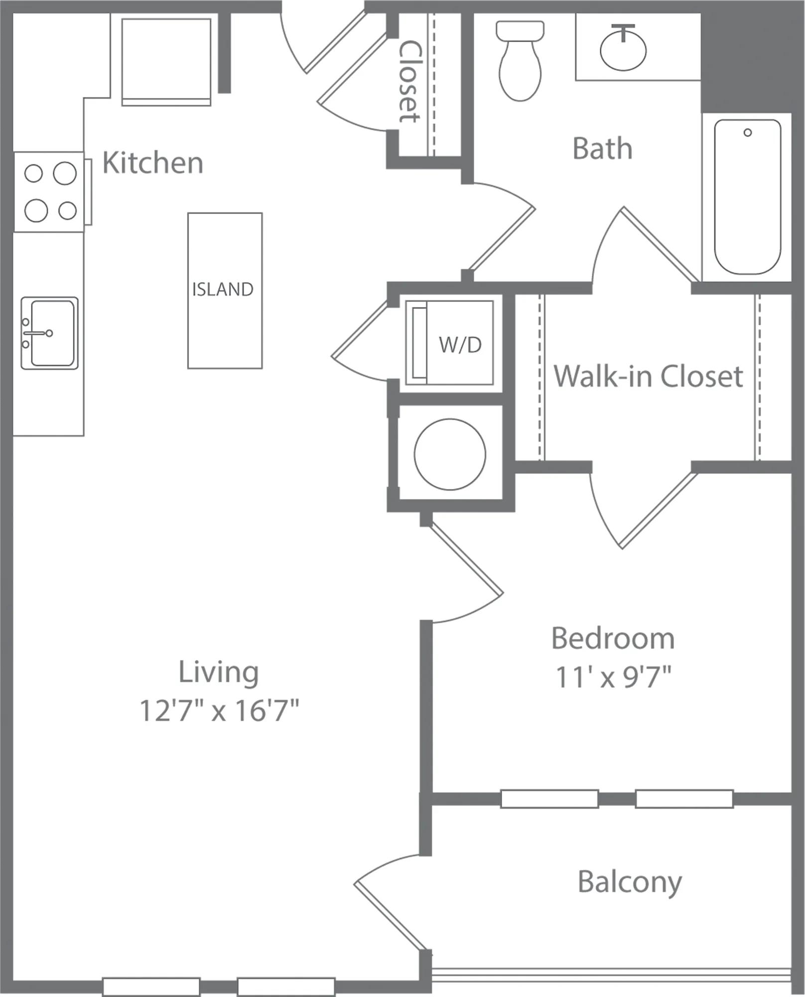 698 square foot one bedroom one bath apartment floorplan image