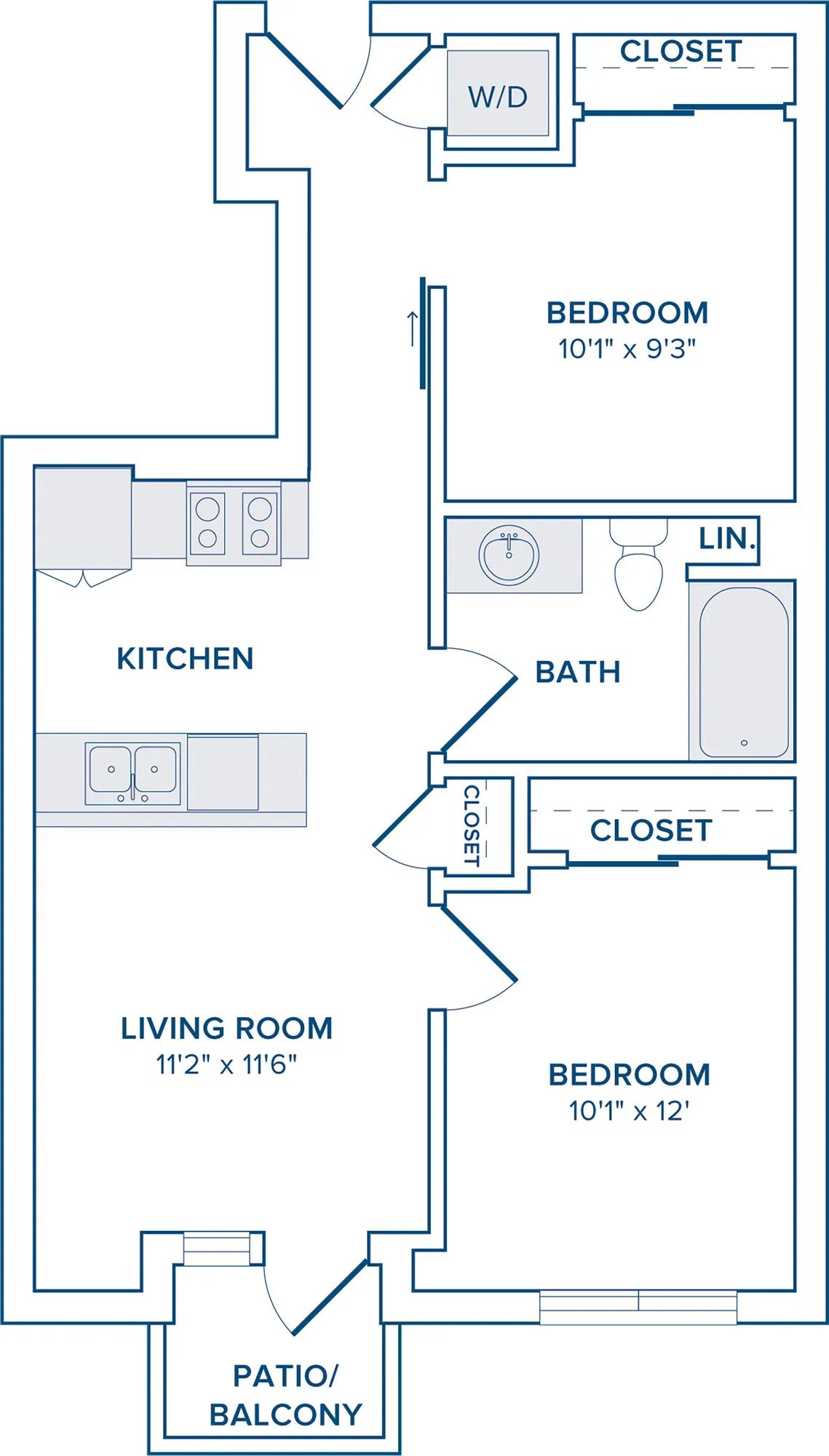736 to 747 square foot two bedroom one bath apartment floorplan image
