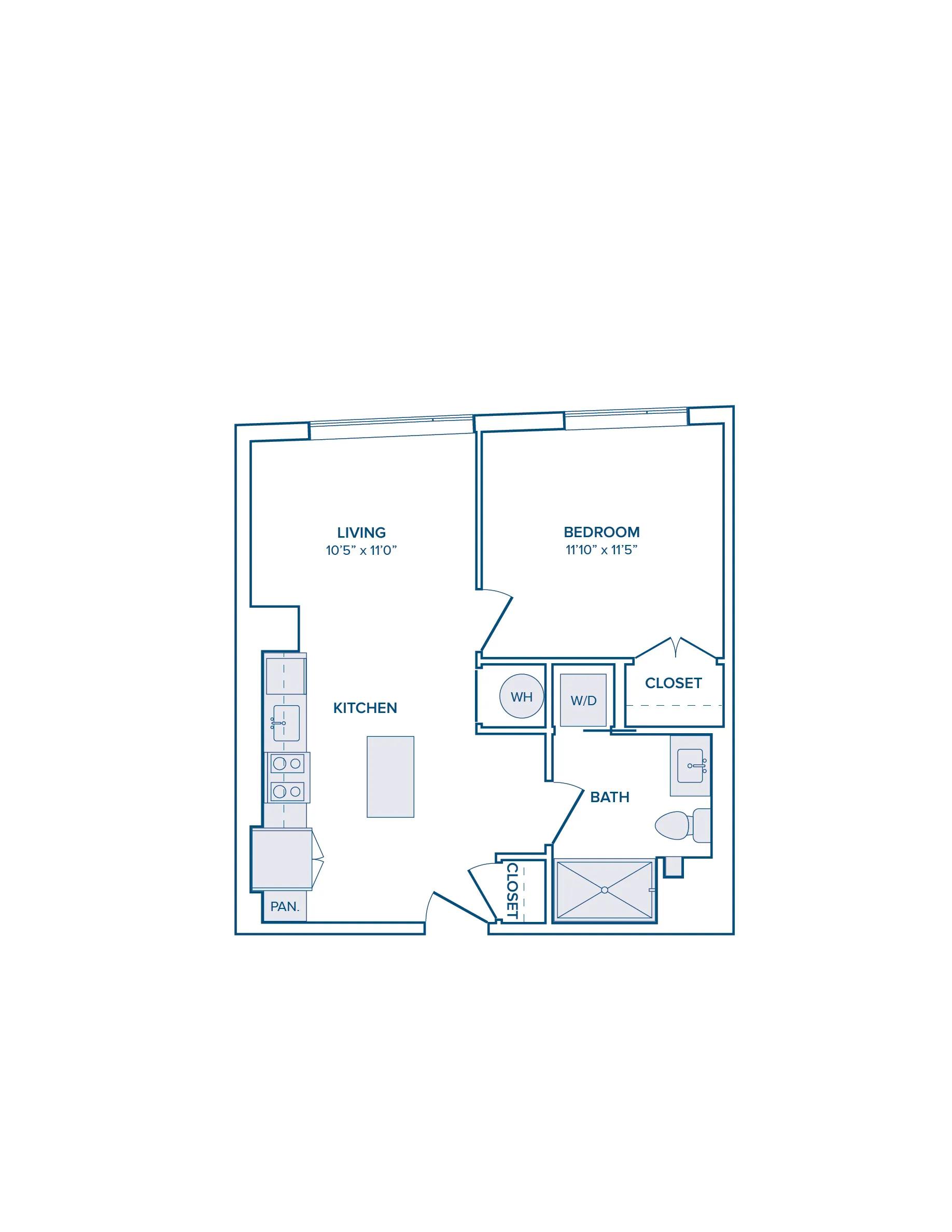 612 square foot one bed one bath apartment floor plan image