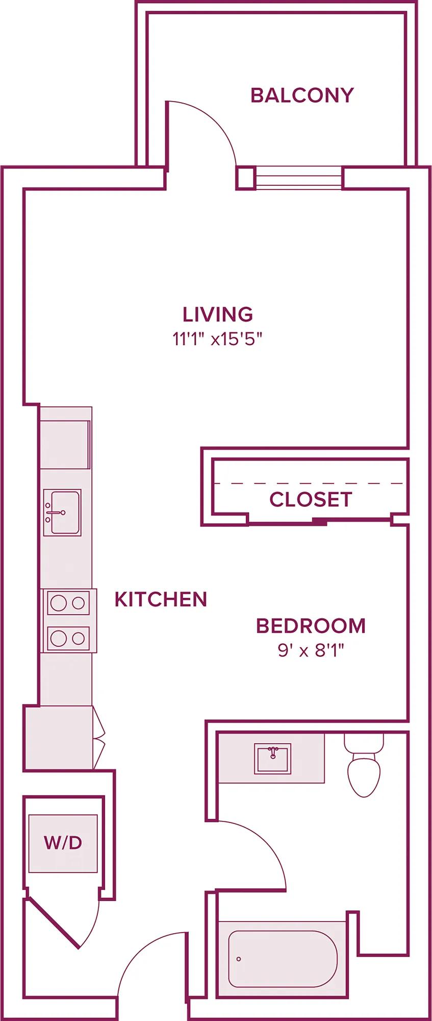 500 square foot studio one bath apartment floor plan in Argyle, CA