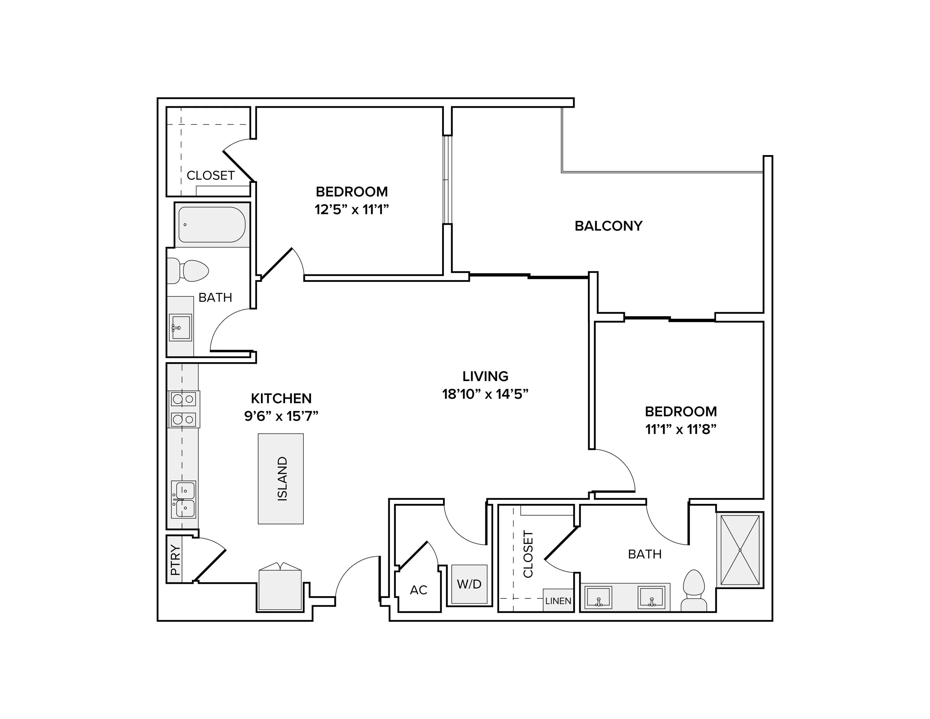 1137 square foot two bed two bath apartment floor plan in Scottsdale, AZ